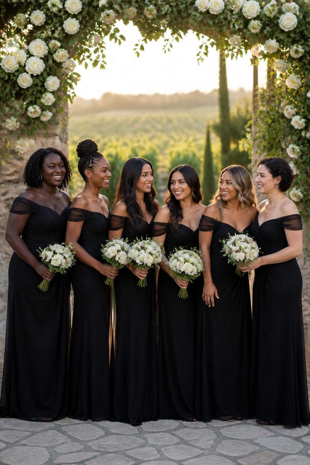 Realistic wedding photo of six bridesmaids in black off-shoulder gowns made with fine stretch mesh layered over opaque lining, softly ruched across the bodice and waist with flowing floor-length skirts, women with deep ebony, cool dark brown, warm medium brown, golden olive, light tan, and fair skin, bright joyful faces with individual features, a range of ages and body types, natural skin texture, hairstyles including shoulder-length coils, a wrapped braided bun, long waves, and a short curly bob, standing beneath an outdoor floral arch at a vineyard, surrounded by white roses, green vines, stone walls, and warm sunset light, believable mesh texture, subtle gathering and natural shadows.