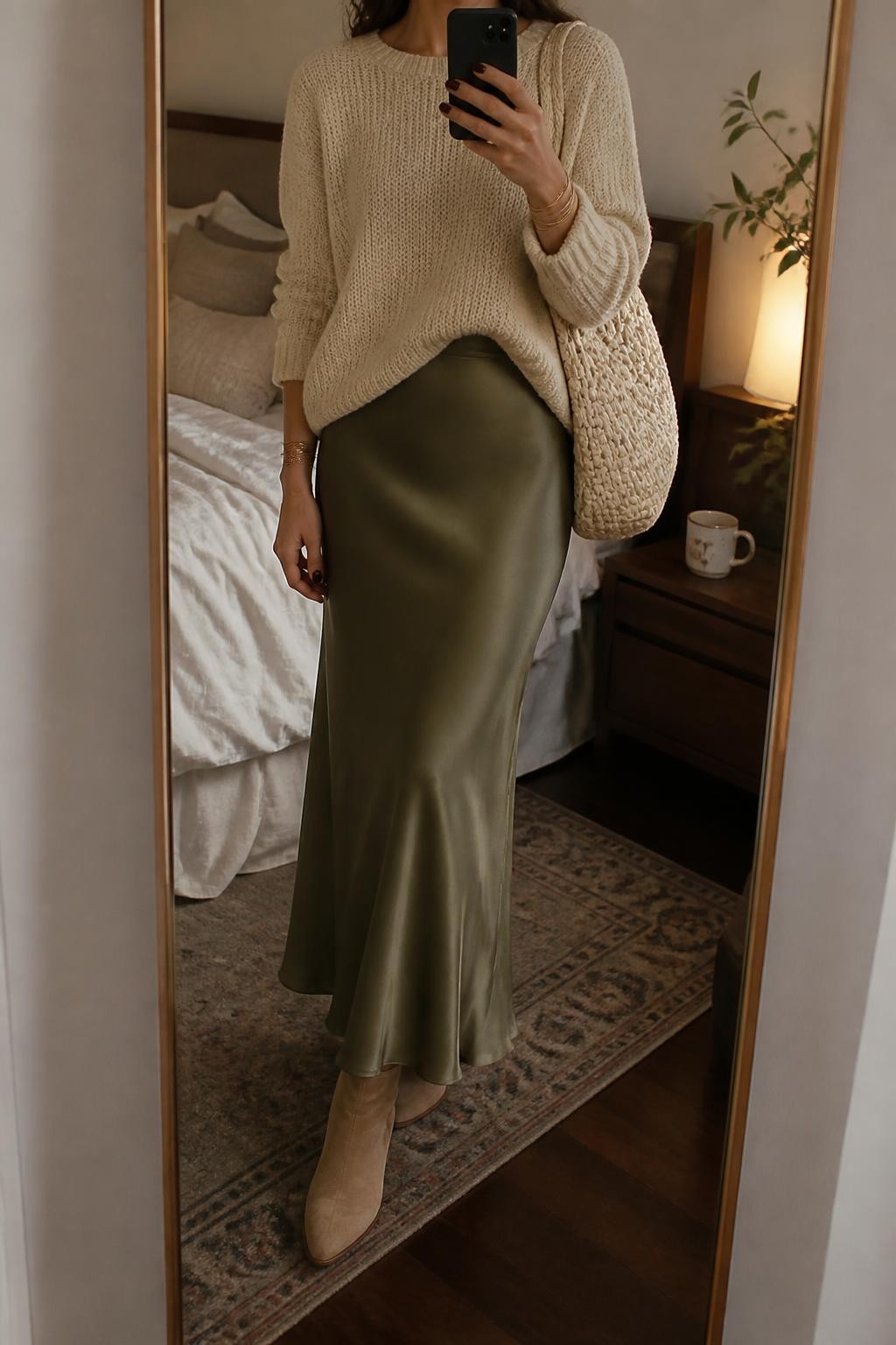 Mirror selfie of a woman wearing an olive-green satin maxi skirt, oversized oatmeal chunky-knit sweater, beige suede ankle boots, cream woven shoulder bag, and thin gold bangles, clearly showing the exact clothing items, colors, fabrics, and accessories listed, holding a phone in front of a cozy bedroom mirror setup, cropped at the neck so the face does not show, relaxed casual selfie pose, warm moody lighting, soft pillows on an unmade bed and a coffee mug on a bedside table, realistic lived-in setting, latest iPhone photo quality.