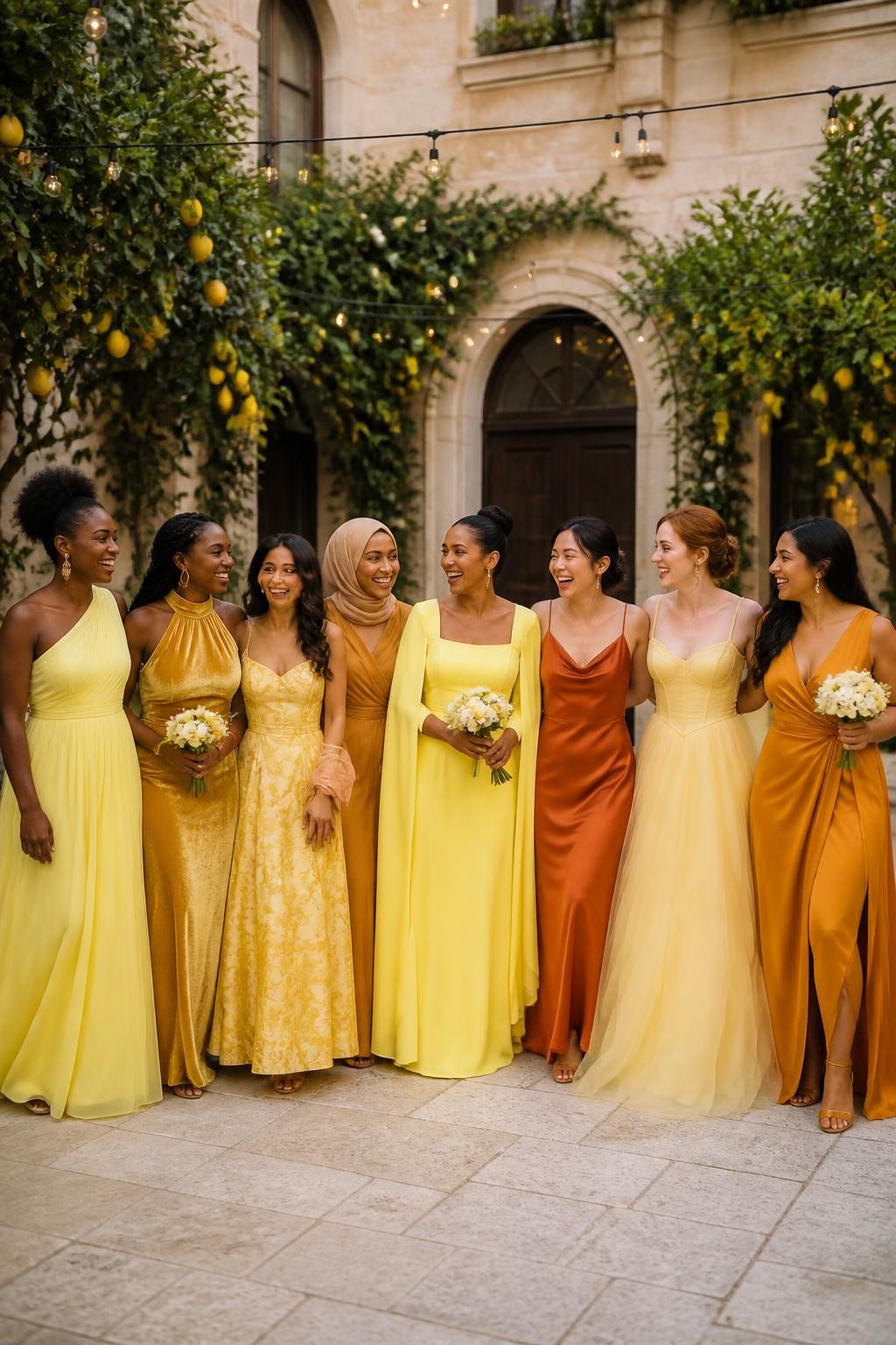 Realistic large bridal party photograph of eight bridesmaids wearing intentionally mismatched floor-length gowns in butter yellow, lemon, daffodil, honey, mustard, saffron, marigold, and amber, fabrics including satin, chiffon, velvet, crepe, organza, tulle, and subtle botanical jacquard, silhouettes including one-shoulder, halter, square neck, cape sleeve, cowl neck, corset bodice, wrap dress, and open-back designs, women with very deep, deep brown, reddish brown, golden, olive, tan, East Asian fair, and pale freckled skin tones, broad representation of ages, heights, and body shapes, bright beautiful faces and genuine laughter, hairstyles including natural coils, braids, locs, waves, sleek buns, and a softly styled hijab, standing in a lush estate courtyard with cream stone, lemon trees, white flowers, and warm string lights, each fabric reacting differently to the evening light, realistic spacing, candid movement, and detailed DSLR wedding photography.