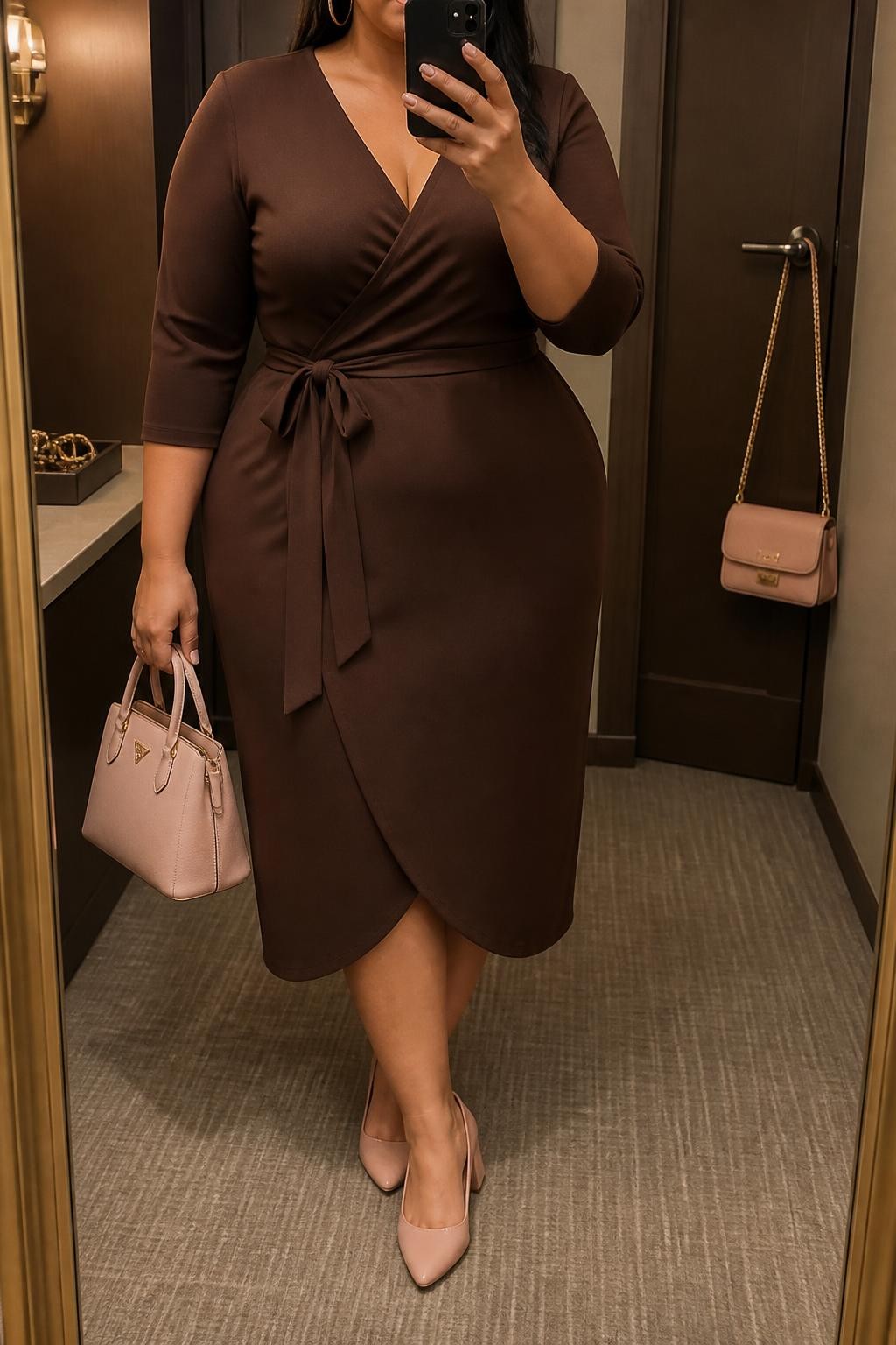 Mirror selfie of a plus size woman wearing a chocolate brown crepe wrap midi dress with three-quarter sleeves, a modest V-neckline, and a matching waist tie, blush pink pointed block heels, a structured blush pink handbag, and rose-gold hoop earrings, clearly showing the exact clothing items, chocolate crepe, wrap shape, blush footwear, bag, and accessories listed, holding a phone in front of a mirror, cropped at the neck so her face is hidden, relaxed elegant selfie stance, in a minimal dressing room with warm moody lighting, a handbag hanging on a door handle and a jewelry tray on the vanity, realistic autumn baby shower outfit, latest iPhone photo quality.
