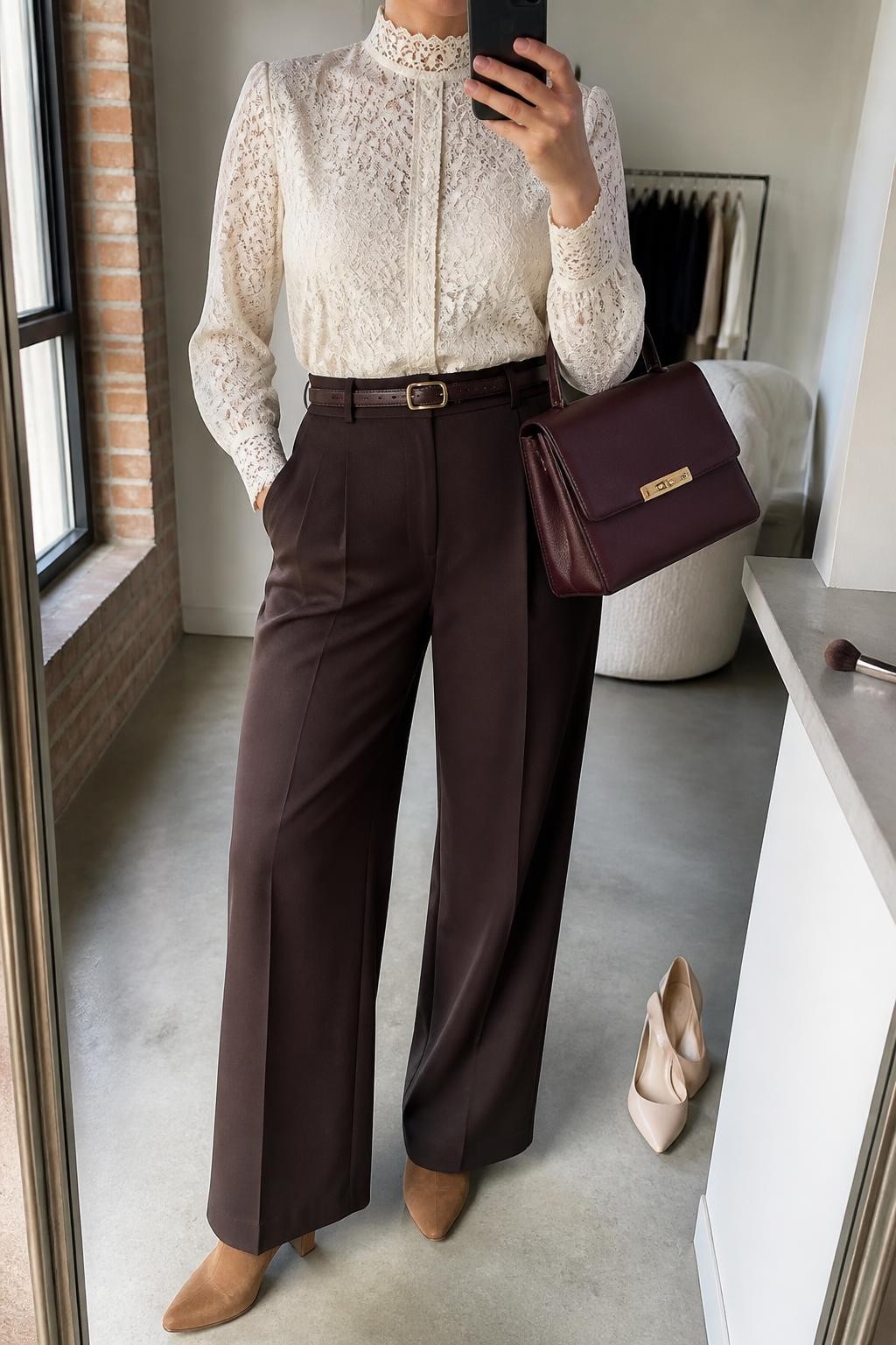 mirror selfie of a midsize woman wearing an ivory high-neck lace blouse tucked smoothly into chocolate wide-leg tailored trousers, a slim dark brown leather belt, tan suede block-heel ankle boots, and a burgundy structured top-handle bag, clearly showing the exact clothing items, colors, fabrics, belt, boots, and bag listed in the Outfit Pieces section, holding a phone in front of a mirror, cropped at NECK so the face does not show, relaxed confident selfie pose in a fashion studio mirror corner, natural window light, with a makeup brush on the counter and a pair of heels on the floor nearby, realistic lace, tailored fabric, leather, and suede textures, natural folds and shadows, latest iPhone photo quality
