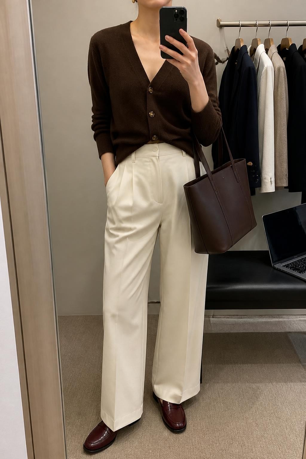 Mirror selfie of a woman wearing a chocolate-brown V-neck cardigan with tortoiseshell buttons, high-waisted cream wide-leg trousers, burgundy leather loafers, a structured dark brown tote bag, and delicate gold stud earrings, clearly showing the exact clothing items, colors, fabrics, and accessories listed, holding a phone in front of a minimal dressing room mirror, cropped at the neck so the face does not show, relaxed casual selfie pose, soft indoor lighting, a clothing rack with garments behind and a laptop on a bench, polished yet natural, latest iPhone photo quality.