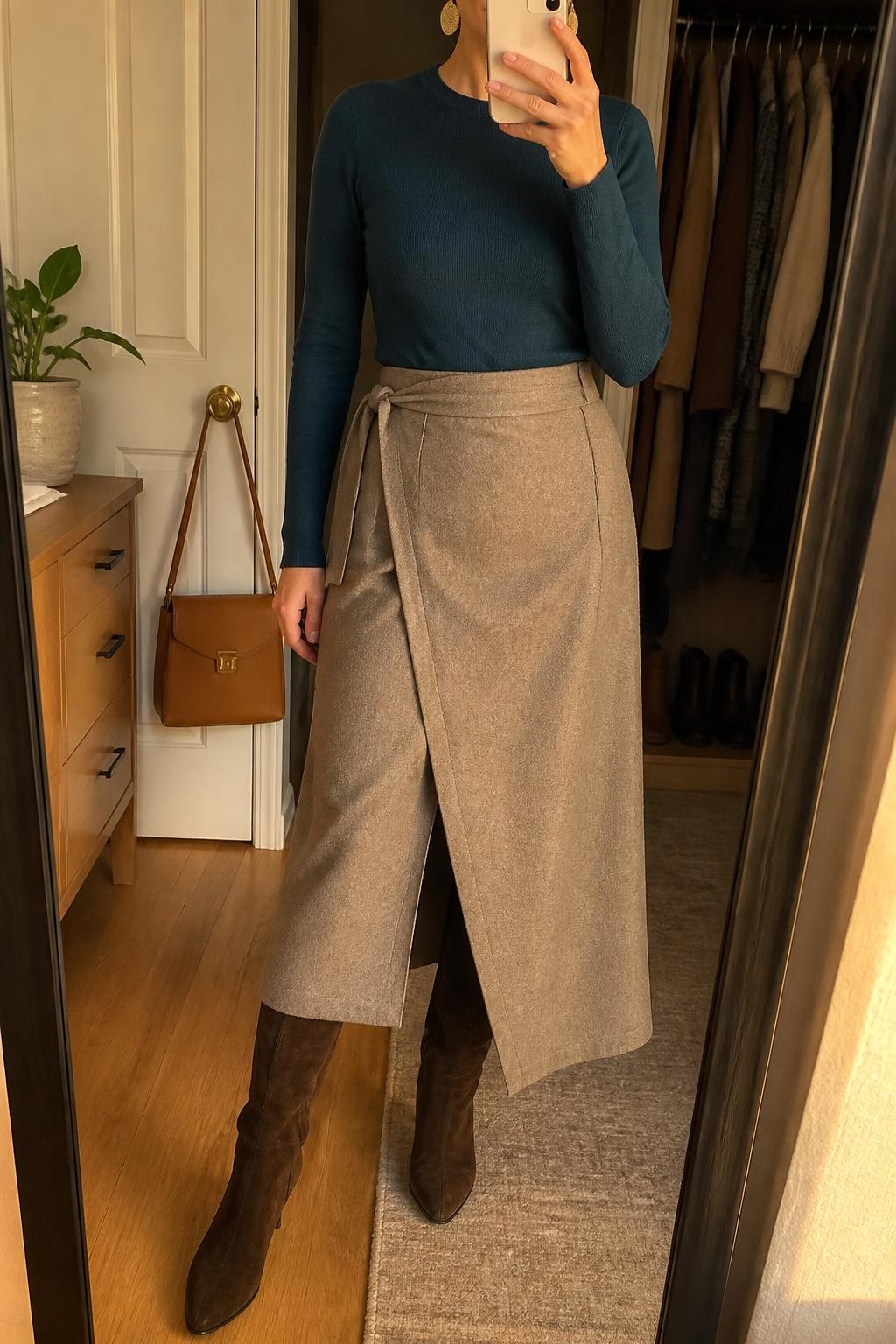 Mirror selfie of a woman wearing a taupe wool-blend wrap maxi skirt, deep teal fitted sweater, dark brown suede knee-high boots, tan leather satchel, and hammered gold earrings, clearly showing the exact clothing items, colors, fabrics, and accessories listed, holding a phone in front of a walk-in closet mirror, cropped at the neck so the face does not show, relaxed casual selfie pose, evening golden-hour lighting, handbag hanging on a door handle and a small plant on a dresser, warm realistic setting, latest iPhone photo quality.
