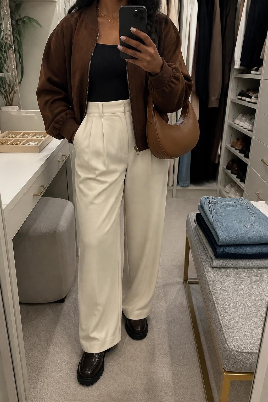mirror selfie of a Black woman wearing an open chocolate brown faux-suede bomber jacket over a black fitted square-neck knit top tucked fully into cream high-waisted wide-leg trousers, dark brown chunky loafers, and a tan crescent shoulder bag, clearly showing the exact clothing items, colors, fabrics, shoes, and bag listed in the Outfit Pieces section, holding a phone in front of a mirror, cropped at NECK so the face does not show, relaxed polished selfie pose in a walk-in closet mirror, soft indoor lighting, with folded denim jeans on a bench and a jewelry tray on the vanity, realistic faux-suede, knit, trouser, and leather-look textures, latest iPhone photo quality