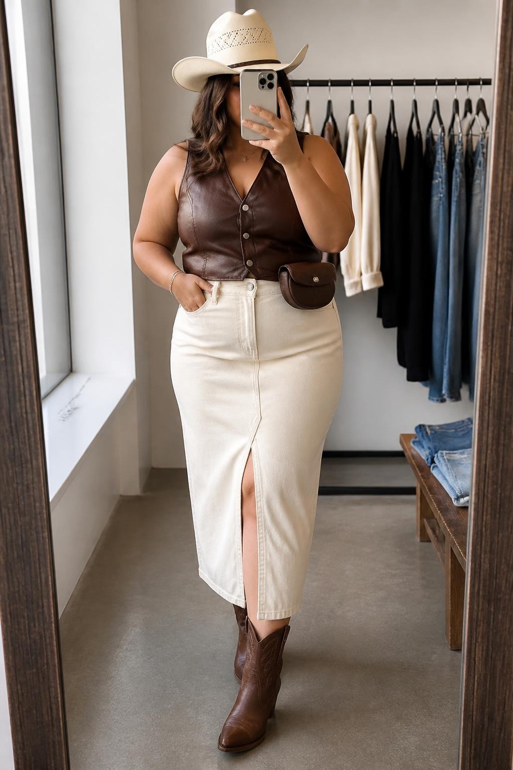 Mirror selfie of a plus size woman wearing a fitted chocolate brown faux-leather Western vest with silver snap buttons, a cream high-waisted denim midi skirt with a front slit, brown leather ankle cowboy boots, a cream cowboy hat, and a small chocolate brown belt bag, clearly showing the exact clothing items, colors, leather texture, denim skirt, slit, footwear, hat, and accessories listed, holding a phone in front of a mirror, cropped at the neck so the face is hidden, relaxed polished selfie pose, in a minimal dressing room with natural window light, a clothing rack with garments behind her and folded denim jeans on a bench, realistic modern cowgirl concert styling, latest iPhone photo quality.