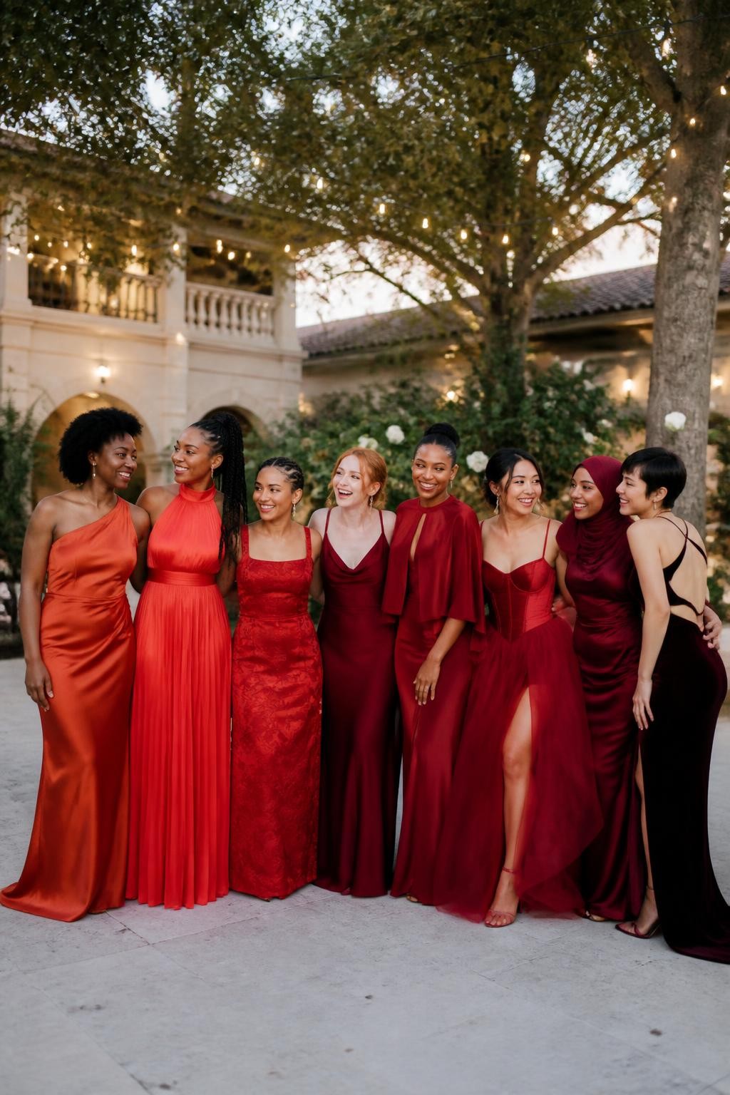 Realistic large bridal party photograph of eight bridesmaids wearing intentionally mismatched floor-length gowns in coral red, poppy, cherry, apple, crimson, carmine, garnet, and oxblood, fabrics including satin, chiffon, velvet, crepe, organza, tulle, and subtle botanical jacquard, silhouettes including one-shoulder, halter, square neck, cape sleeve, cowl neck, corset bodice, wrap dress, and open-back designs, women with very deep, deep brown, reddish brown, golden, olive, tan, East Asian fair, and pale freckled skin tones, broad representation of ages, heights, and body shapes, bright beautiful faces and genuine laughter, hairstyles including natural coils, braids, locs, waves, sleek buns, short hair, and a softly styled hijab, standing in a lush estate courtyard with cream stone, mature trees, white flowers, and warm string lights, each fabric responding differently to the evening light, realistic spacing and candid movement, detailed human DSLR wedding photography.