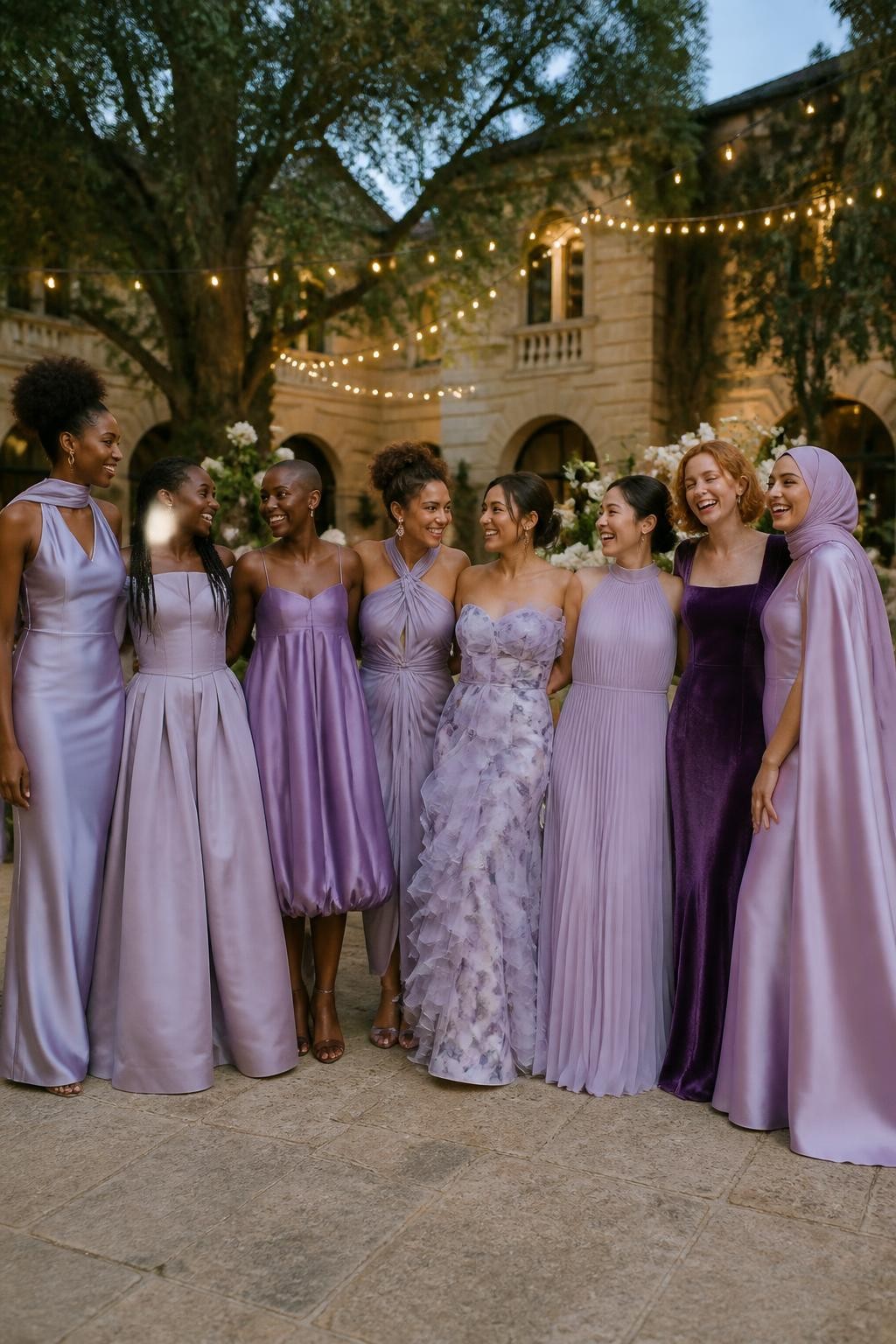 Realistic large bridal-party photograph of eight bridesmaids wearing intentionally coordinated dresses in icy lavender, pale lavender, wisteria, heather, mauve-lavender, orchid, violet-lavender, and soft plum, fabrics including liquid satin, matte crepe, velvet, pleated chiffon, organza, botanical toile, silk faille, and fine tulle, silhouettes including a scarf-neck column, basque-waist ballerina gown, bubble-hem midi, twisted halter dress, sculpted-iris organza gown, dropped-waist pleated dress, square-neck velvet column, and cape-back satin gown, women with very deep, deep brown, reddish brown, golden, olive, tan, East Asian fair, and pale freckled skin tones, broad representation of ages, heights, and body shapes, bright beautiful faces and genuine laughter, hairstyles including natural coils, braids, locs, waves, sleek buns, short cuts, and softly styled hijab, standing in a lush estate courtyard with cream stone, mature trees, ivory flowers, and warm string lights, every fabric responding differently to the evening light, realistic spacing and candid movement.
