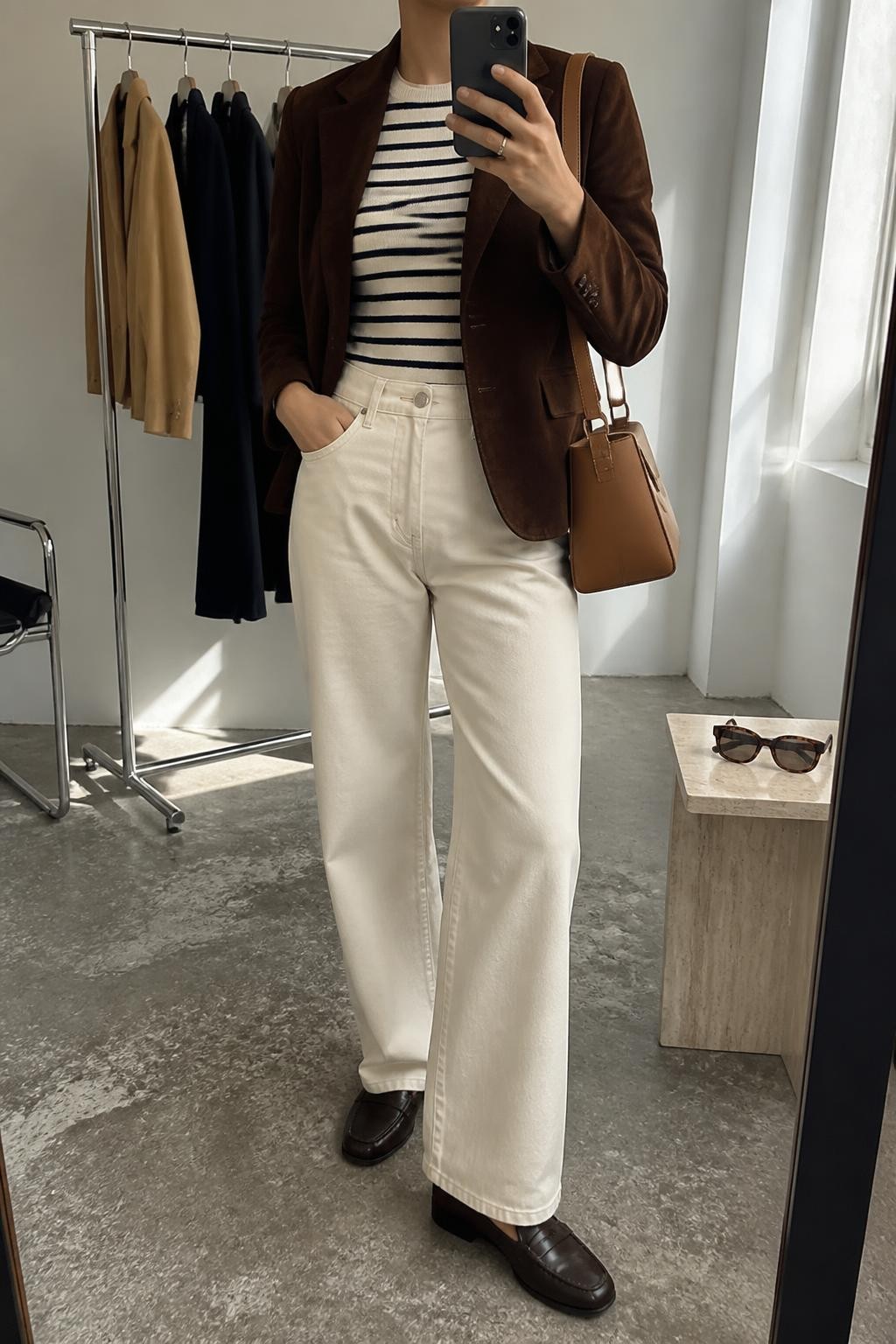 mirror selfie of a woman wearing an open chocolate brown fitted suede blazer over a cream and navy striped fitted knit top tucked into ecru high-rise wide-leg jeans, dark brown leather loafers, and a tan structured shoulder bag, clearly showing the exact clothing items, colors, striped pattern, fabrics, shoes, and bag listed in the Outfit Pieces section, holding a phone in front of a mirror, cropped at NECK so the face does not show, relaxed polished selfie pose in a fashion studio mirror corner, natural window light, with a clothing rack holding a few garments behind her and sunglasses placed on a side table, realistic suede, knit, denim, and leather textures, latest iPhone photo quality