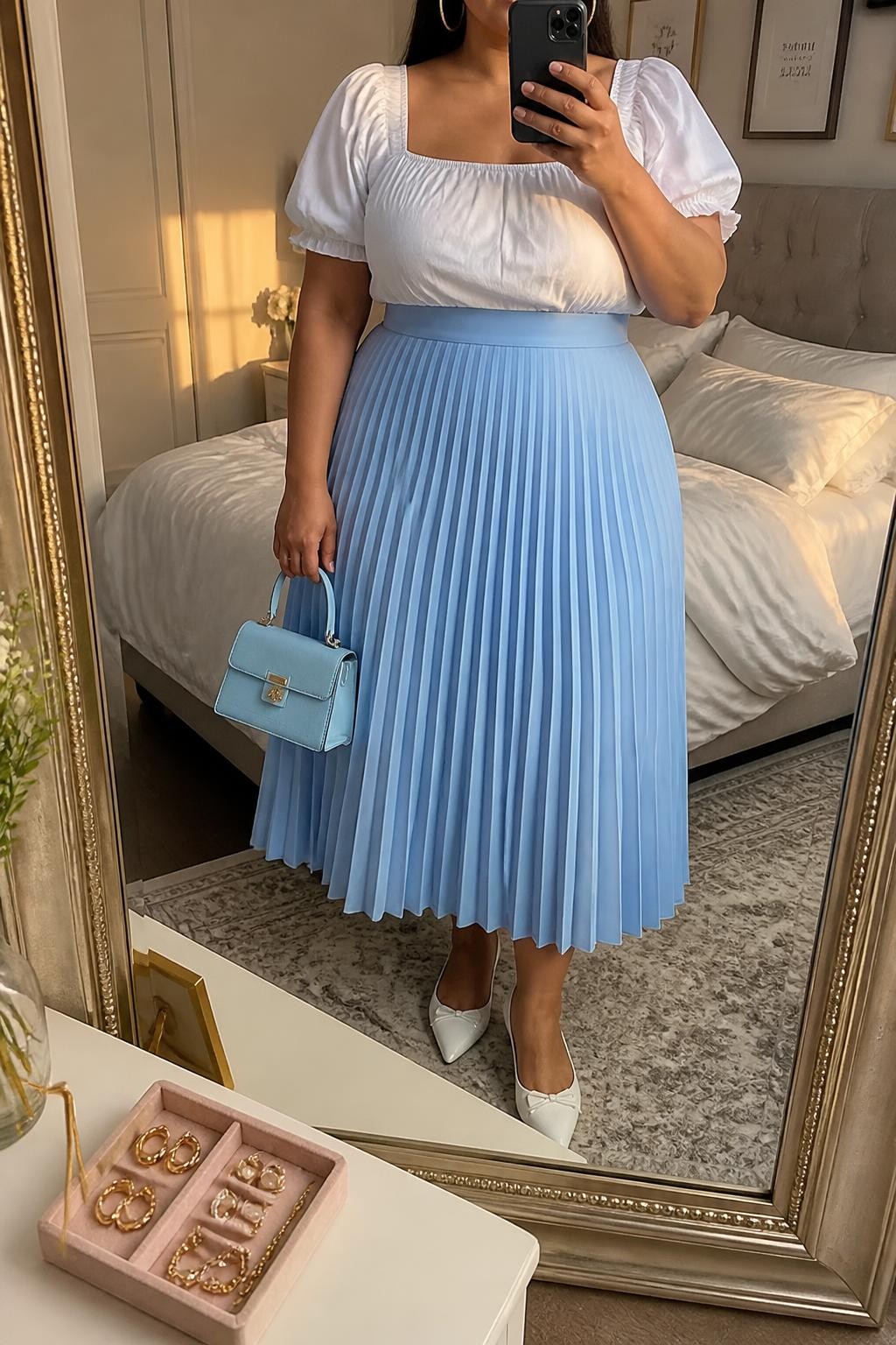 Mirror selfie of a plus size woman wearing a powder blue high-waisted pleated midi skirt, a white cotton blouse with short puff sleeves and a square neckline, white pointed kitten heels, a structured powder blue mini handbag, and silver hoop earrings, clearly showing the exact clothing items, blue pleats, white cotton, sleeve shape, footwear, and accessories listed, holding a phone in front of a mirror, cropped at the neck so her face does not show, relaxed feminine selfie stance, in a cozy bedroom mirror setup with evening golden-hour lighting, soft pillows on an unmade bed and a jewelry tray on the vanity, realistic baby shower guest outfit, latest iPhone photo quality.