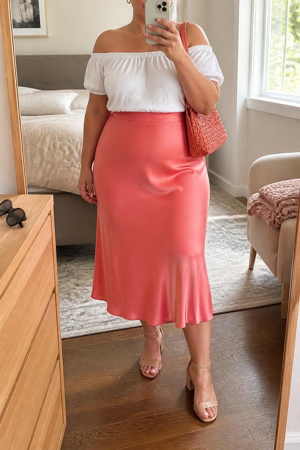 Mirror selfie of a plus size woman wearing a coral pink high-waisted satin midi skirt with a fluid bias-cut shape, a white cotton off-shoulder blouse with short gathered sleeves, nude block-heel sandals, a coral woven shoulder bag, and delicate gold hoop earrings, clearly showing the exact clothing items, coral satin, white cotton, gathered neckline, footwear, and accessories listed, holding a phone in front of a mirror, cropped at the neck so the face does not appear, relaxed feminine selfie pose, in a cozy bedroom mirror setup with natural window light, sunglasses placed on a dresser and a folded blanket on a chair, realistic brunch outfit, latest iPhone photo quality.