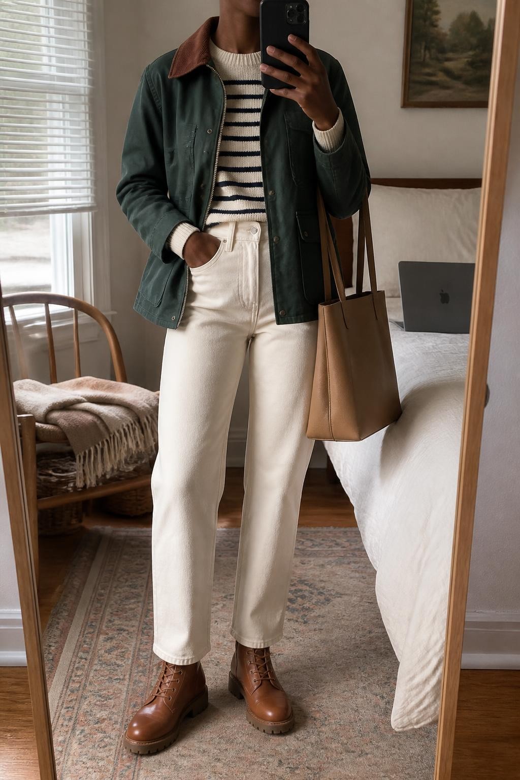 mirror selfie of a Black woman wearing a forest green cotton barn jacket with a brown corduroy collar partly open over a cream and navy striped wool-blend sweater, ecru high-rise straight-leg jeans, chestnut leather lace-up boots, and a tan structured tote bag, clearly showing the exact clothing items, colors, striped pattern, fabrics, boots, and bag listed in the Outfit Pieces section, holding a phone in front of a mirror, cropped at NECK so the face does not show, relaxed casual selfie pose in a cozy bedroom mirror setup, natural window light, with a folded blanket on a chair and a laptop on the bed, realistic cotton, corduroy, wool knit, denim, and leather textures, latest iPhone photo quality