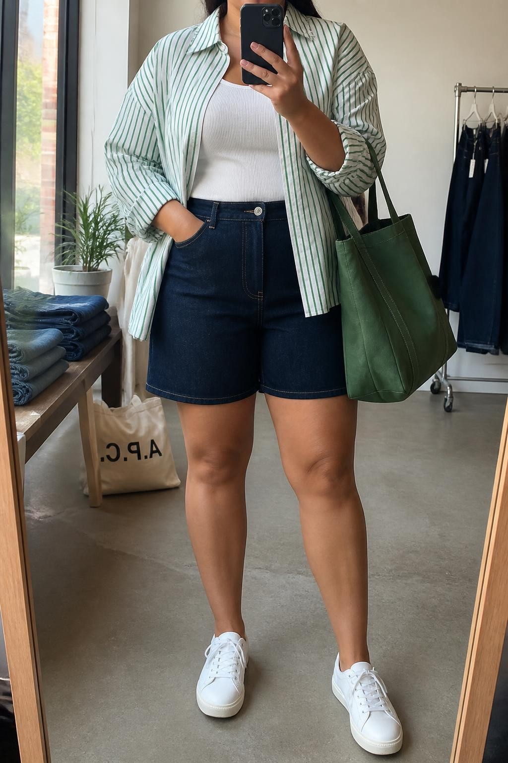 Mirror selfie of a plus size woman wearing an oversized green and white striped cotton button-down shirt worn open over a fitted white ribbed tank top, dark indigo high-waisted denim shorts with a relaxed mid-thigh length, white leather sneakers, and a structured green canvas tote bag, clearly showing the exact clothing layers, stripe pattern, dark denim, footwear, and accessories listed, holding a phone in front of a mirror, cropped at the neck so her face is hidden, relaxed casual selfie stance, in a fashion studio mirror corner with natural window light, folded denim jeans on a bench and a tote bag resting on the floor, realistic summer outfit, latest iPhone photo quality.