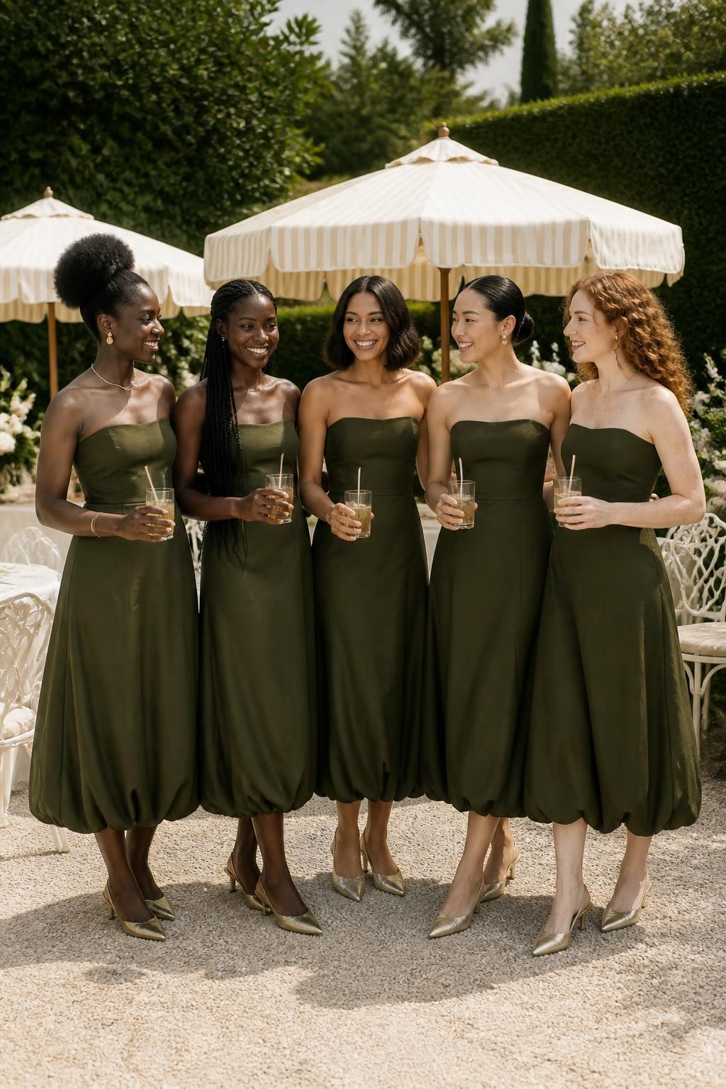 Realistic fashion-forward garden wedding image of five bridesmaids wearing dark olive midi dresses with gently curved strapless necklines, elongated fitted bodices, and rounded bubble hems ending around the lower calf, women with very deep brown, dark warm brown, medium caramel, East Asian light beige, and fair freckled skin tones, naturally varied heights and body shapes, bright joyful faces with genuine smiles, realistic skin texture and understated makeup, hairstyles including a sculpted afro puff, long braids, shoulder-length bob, polished bun, and soft curls, standing at a stylish garden reception with striped cream parasols, white bistro chairs, ivory flowers, iced drinks, and clipped hedges, clear afternoon light, elegant metallic slingback heels visible, authentic fabric folds, and slightly irregular hand-sewn bubble hems.