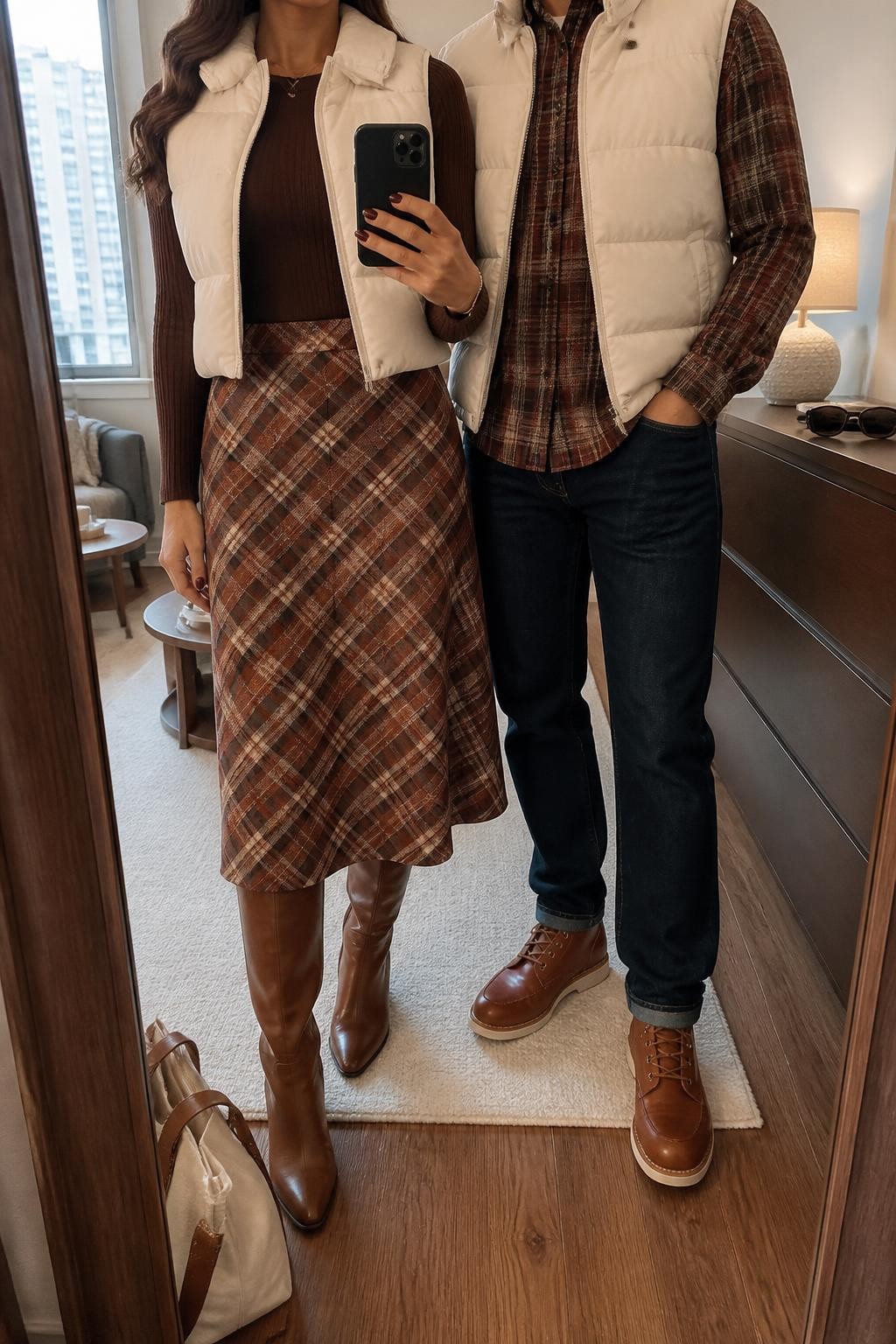 mirror selfie of a stylish couple wearing coordinated cream puffer vests and brown and rust plaid accents, the woman wearing an open cream cropped quilted puffer vest over a chocolate fitted knit top, a brown and rust plaid midi skirt, and brown leather knee-high boots, the man wearing an open cream quilted puffer vest over a brown and rust plaid flannel shirt, dark indigo jeans, and chestnut work boots, clearly showing the exact clothing items, colors, patterns, fabrics, and footwear listed in the Outfit Pieces section, the woman holding a phone while the man stands beside her, both cropped at NECK so their faces do not show, relaxed outdoor-ready couple pose in a stylish city apartment, soft indoor lighting, with a tote bag resting on the floor and sunglasses placed on a dresser, realistic quilting, knit, plaid flannel, denim, and leather textures, natural unstaged mirror photo, latest iPhone photo quality