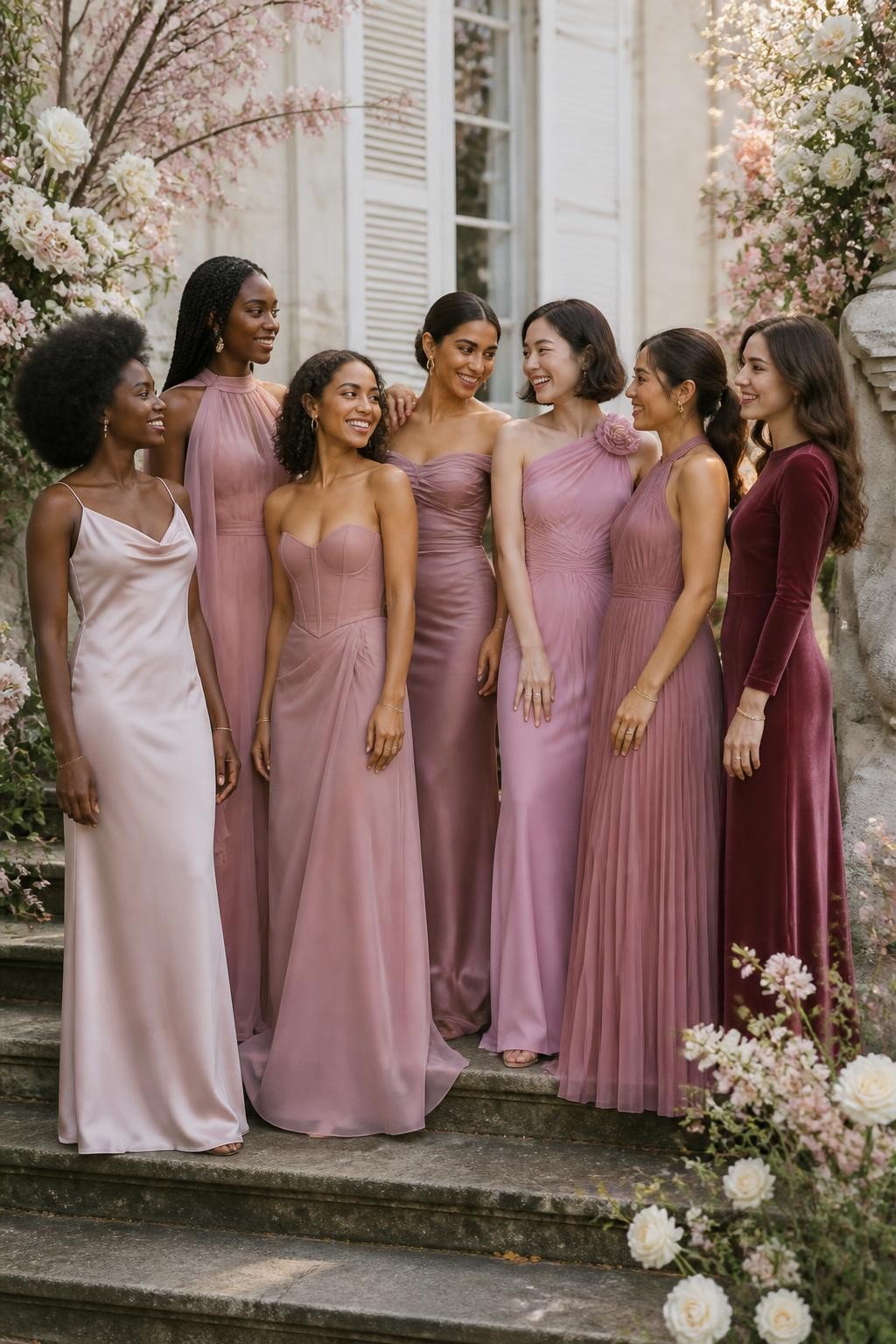 Realistic editorial wedding portrait of seven bridesmaids wearing mismatched gowns arranged in a smooth tonal progression from pale blush and dusty rose to muted mauve, orchid pink, and deep rosewood, dress designs including a satin cowl-neck slip, chiffon cape gown, crepe corset dress with a basque waist, off-shoulder ruched gown, one-shoulder rosette dress, pleated halter, and long-sleeved velvet column, women with very deep brown, rich warm brown, reddish brown, golden olive, East Asian fair, tan, and pale rosy skin tones, naturally varied body shapes and heights, bright expressive faces, realistic pores and softly blended makeup suited to each complexion, hairstyles including a sculpted afro, waist-length braids, shoulder-length curls, polished bob, smooth chignon, ponytail, and loose waves, standing on broad estate steps decorated with ivory roses and pink flowering branches, soft golden-hour light revealing accurate color differences and natural fabric folds.