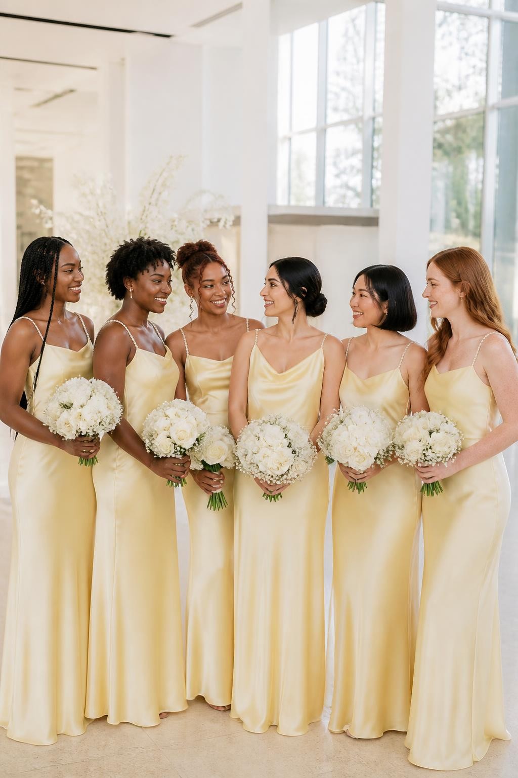 Realistic bright indoor wedding photograph of six bridesmaids wearing pale yellow satin slip dresses with narrow pearl-beaded shoulder straps, necklines varying slightly between straight, scoop, and soft cowl shapes, women with ebony, deep brown, reddish brown, olive, East Asian light beige, and fair freckled complexions, varied heights and body shapes, bright relaxed faces, realistic smiles, natural makeup and skin texture, hairstyles including long braids, short coils, smooth bob, low bun, soft curls, and loose waves, standing inside a sunlit art gallery with white walls, pale limestone floors, large windows, and minimal white floral installations, pearls reflecting tiny natural points of light, realistic satin draping over each figure, clean high-resolution DSLR photography.
