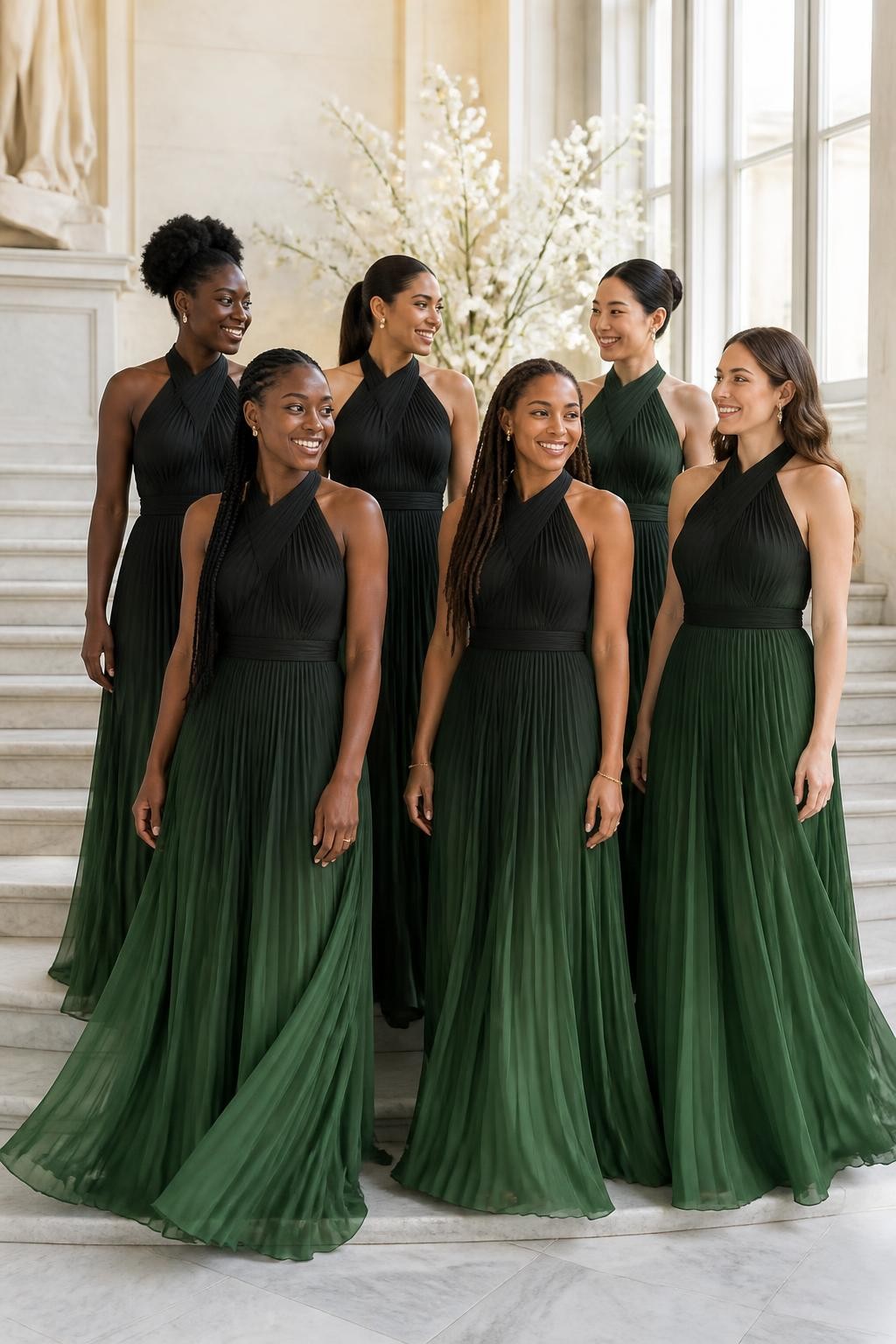 Realistic artistic wedding photograph of six bridesmaids wearing fine pleated chiffon gowns with subtle color transitions beginning in black-green around the neck and shoulders before gradually brightening into deep forest green near the lower skirts, asymmetric and softly gathered halter necklines, fitted waistbands, and fluid floor-length hems, women with deep ebony, rich brown, warm caramel, olive, East Asian light beige, and fair rosy complexions, naturally varied ages, heights, and body shapes, bright beautiful faces with realistic smiles, hairstyles including natural coils, long braids, locs, glossy ponytail, smooth bun, and loose waves, standing on a wide marble staircase inside a light-filled museum, sculptural ivory flowers and tall windows behind them, soft daylight showing smooth color transitions, believable chiffon transparency, crisp pleat texture, and natural skirt movement.