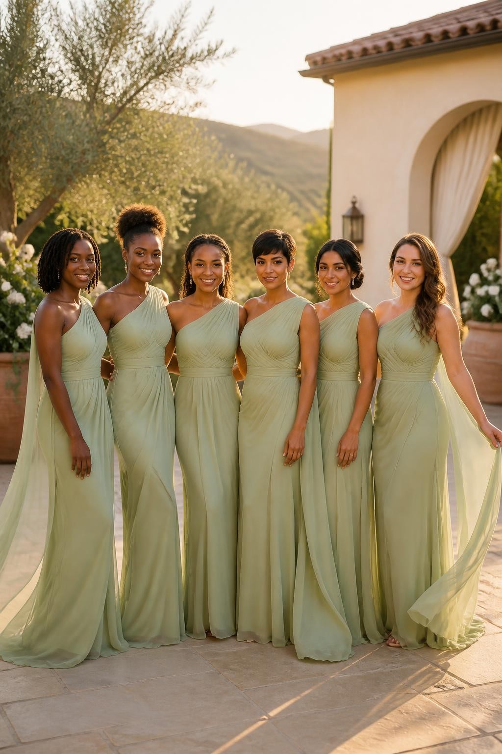 Realistic golden-hour wedding photo of six bridesmaids wearing pale pistachio green one-shoulder gowns with softly gathered bodices, fitted waists, and long draped chiffon panels flowing from one shoulder, women with deep cool brown, warm mahogany, cinnamon, golden tan, olive, and fair peach complexions, varied ages and body proportions, bright confident faces with natural smiles and realistic skin texture, hairstyles including shoulder-length locs, a high curly puff, braided ponytail, short pixie cut, sleek chignon, and long waves, standing on a Mediterranean-style terrace with cream stucco walls, olive trees, white roses, terracotta pots, and distant hills, gentle breeze lifting the shoulder panels and skirts, believable shadows and fabric transparency, cinematic DSLR wedding photography.