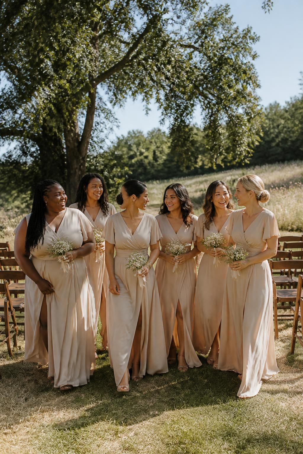 Realistic countryside wedding photograph of six bridesmaids wearing champagne chiffon wrap dresses with softly crossed V-necklines, adjustable waists, flutter sleeves, and flowing skirts, women with very dark brown, deep warm brown, medium brown, golden tan, olive, and fair skin tones, varied ages, bust sizes, and body shapes represented naturally, bright friendly faces, realistic makeup, hairstyles including natural curls, shoulder-length locs, long braids, a soft bun, and loose waves, standing in a meadow ceremony space with cream wildflowers, wooden chairs, old trees, and a clear late-afternoon sky, wind moving the sleeves and skirts gently, authentic chiffon transparency, natural posture and candid conversation, human DSLR photo-realistic style.