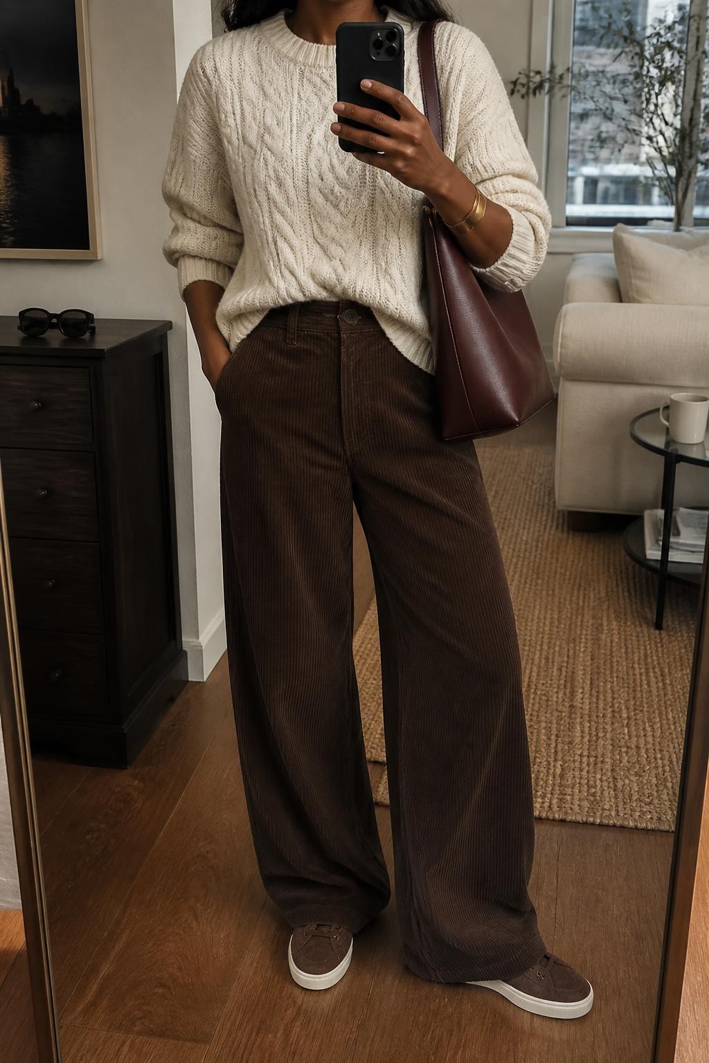 mirror selfie of a Black woman wearing a cream cable-knit crewneck sweater with a small front tuck into chocolate brown wide-leg corduroy trousers, brown suede sneakers with cream soles, a burgundy leather shoulder bag, and a slim gold cuff bracelet, clearly showing the exact clothing items, colors, fabrics, sneakers, bag, and bracelet listed in the Outfit Pieces section, holding a phone in front of a mirror, cropped at NECK so the face does not show, relaxed casual selfie pose in a stylish city apartment, warm moody lighting, with sunglasses placed on a dresser and a coffee mug on a side table, realistic cable knit, corduroy, suede, leather, and metal textures, latest iPhone photo quality