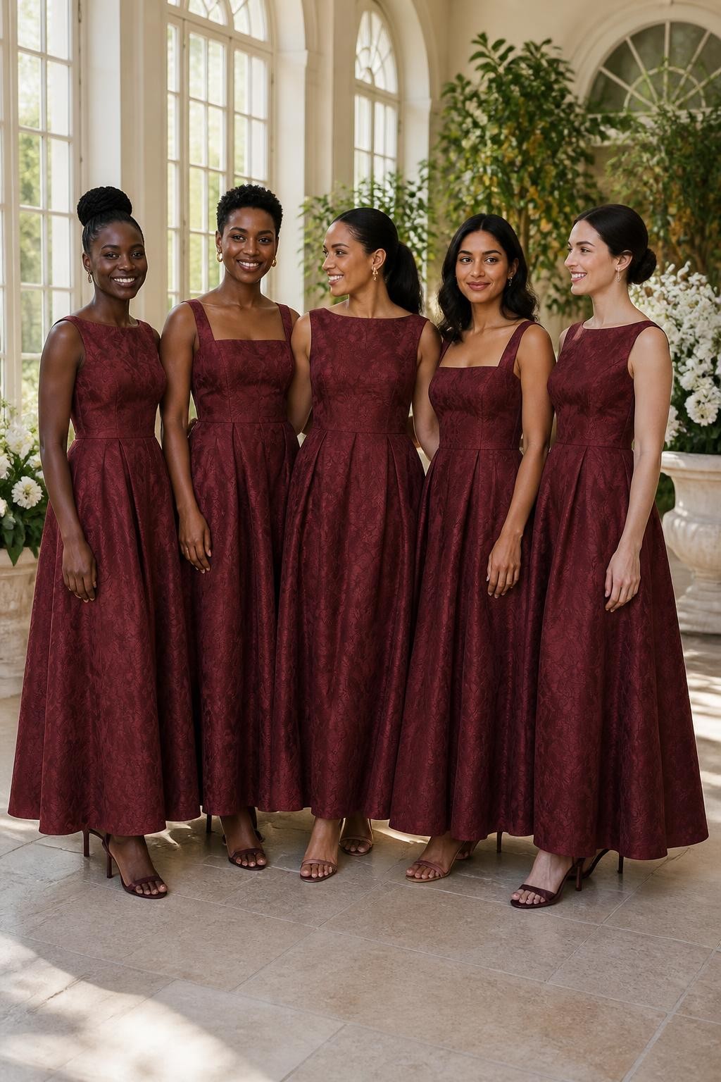 Realistic formal daytime wedding portrait of five bridesmaids wearing maroon jacquard gowns with tonal woven roses, vines, and abstract leaves, fitted bateau and square-neck bodices, softly pointed waistlines, and full ankle-length skirts, women with deep cool brown, rich warm brown, caramel, South Asian olive, and pale neutral complexions, naturally varied ages, heights, and body shapes, bright poised faces with distinct features and realistic makeup, hairstyles including a high braided bun, cropped coils, glossy ponytail, shoulder-length waves, and classic chignon, standing inside a bright orangery with tall windows, potted citrus trees, ivory flowers, and pale limestone flooring, angled sunlight revealing the woven botanical patterns without excessive shine, realistic fabric stiffness, deep skirt folds, and elegant heels visible.