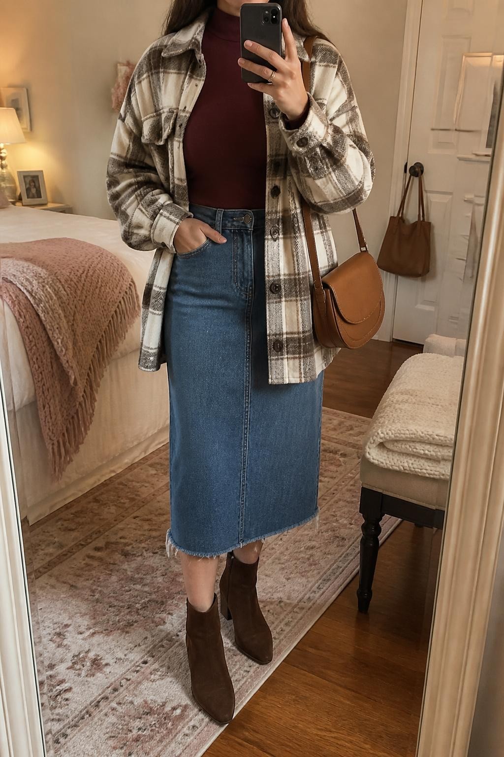 Mirror selfie of a woman wearing a medium-blue raw-hem denim midi skirt, fitted burgundy mock-neck top, oversized cream and brown plaid wool-blend shacket, chocolate-brown suede ankle boots, and a tan leather saddle bag, clearly showing the exact clothing items, colors, fabrics, and accessories listed, holding a phone in front of a feminine-themed bedroom mirror, cropped at the neck so the face does not show, relaxed casual selfie pose, warm moody lighting, a folded blanket on a chair and a handbag hanging on a door handle, cozy natural setting, latest iPhone photo quality.