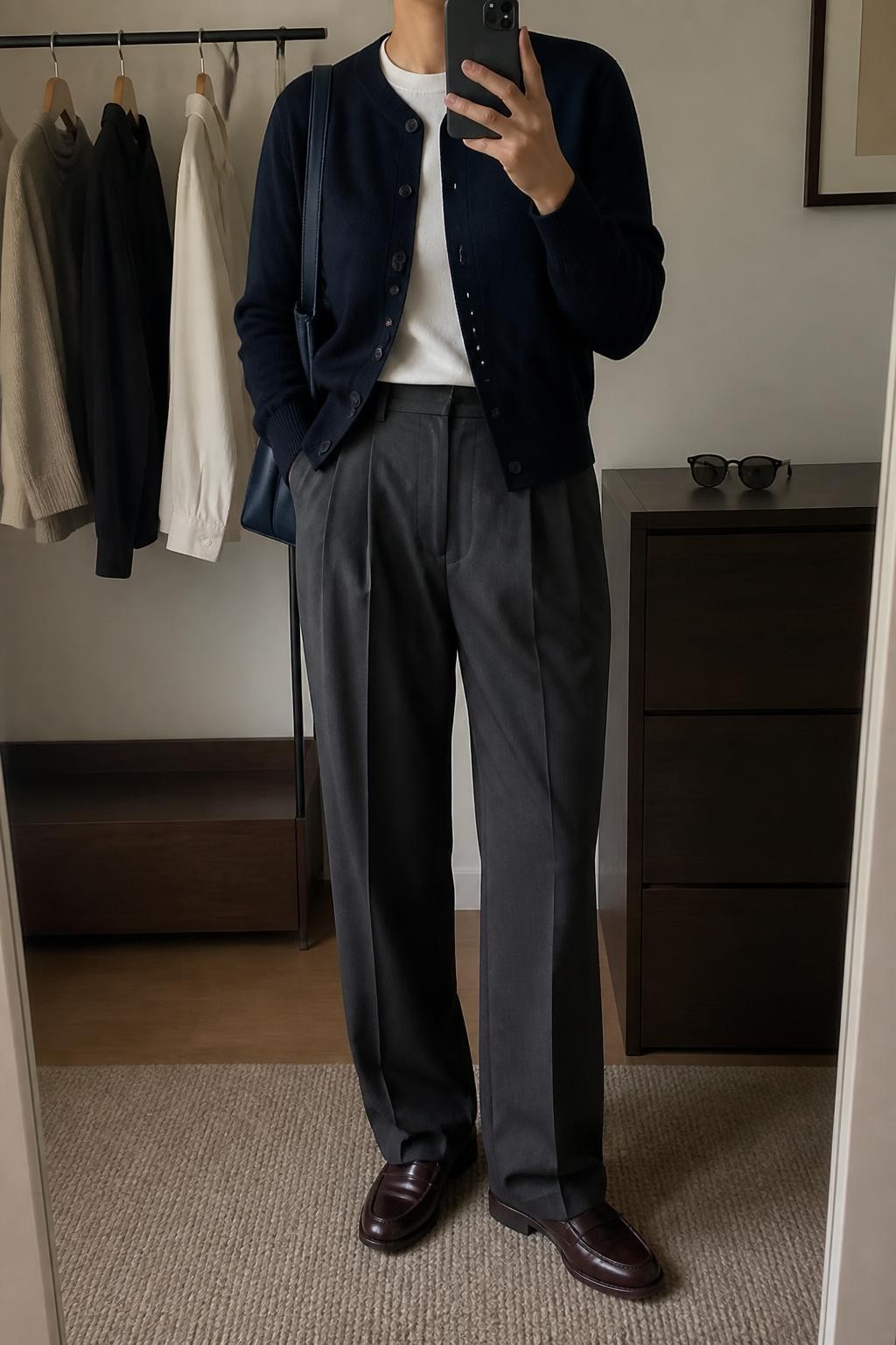 mirror selfie of a woman wearing a navy fine-knit crewneck cardigan buttoned halfway over a white cotton crewneck T-shirt tucked into charcoal gray pleated straight-leg trousers, burgundy leather loafers, and a navy structured shoulder bag, clearly showing the exact clothing items, colors, fabrics, shoes, and bag listed in the Outfit Pieces section, holding a phone in front of a mirror, cropped at NECK so the face does not show, relaxed office-ready selfie pose in a minimal dressing room, warm moody lighting, with a clothing rack holding a few garments behind her and sunglasses placed on a dresser, realistic knit, cotton, trouser, and leather textures, latest iPhone photo quality