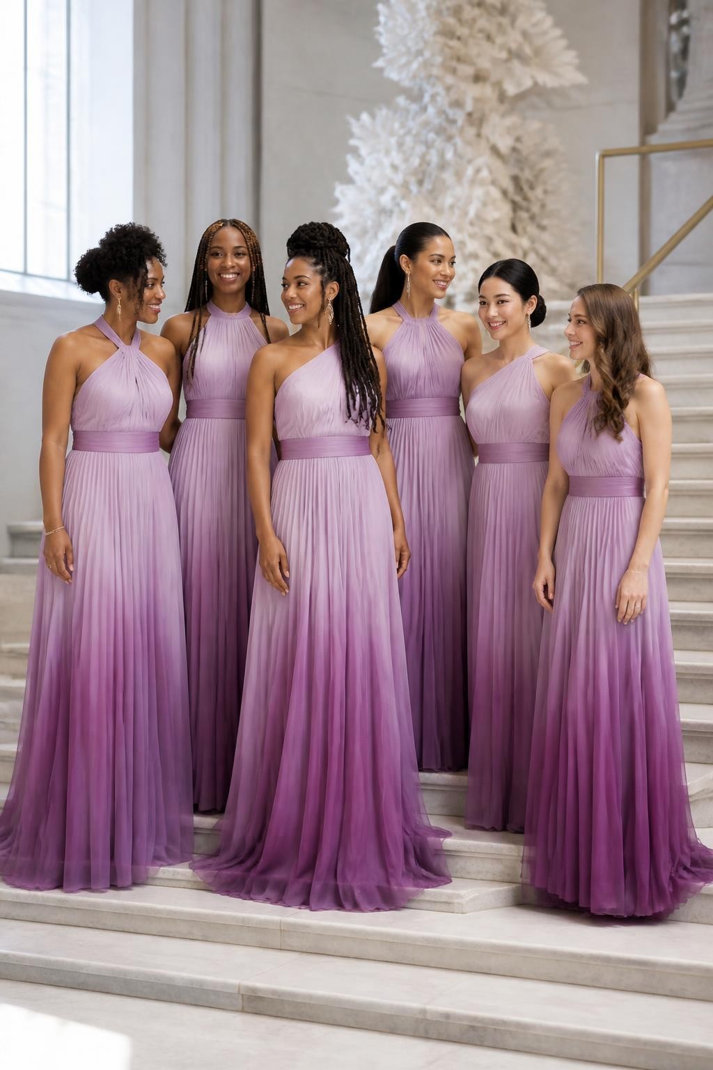 Realistic artistic wedding photograph of six bridesmaids wearing fine pleated chiffon gowns with smooth tonal transitions beginning in pale lavender around the shoulders and gradually deepening into orchid, violet, and soft plum near the hems, gathered halter and asymmetric necklines, defined waistbands, and fluid floor-length skirts, women with deep ebony, rich brown, warm caramel, olive, East Asian light beige, and fair rosy complexions, naturally varied ages, heights, and body shapes, bright beautiful faces with realistic smiles and individual hairstyles including natural coils, long braids, locs, glossy ponytail, smooth bun, and loose waves, standing on a wide marble staircase inside a light-filled museum, sculptural white flowers and tall windows behind them, soft daylight showing gradual color transitions, believable chiffon transparency, crisp pleat texture, and natural skirt movement.