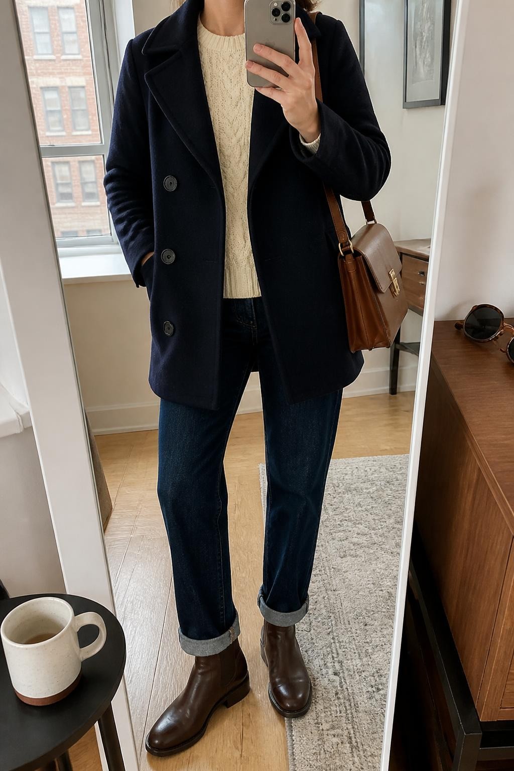 mirror selfie of a woman wearing an open navy double-breasted wool-blend peacoat over a cream cable-knit crewneck sweater, dark-wash straight-leg jeans cuffed once above chocolate leather ankle boots, and a cognac structured shoulder bag, clearly showing the exact clothing items, colors, fabrics, boots, and bag listed in the Outfit Pieces section, holding a phone in front of a full-length mirror, cropped at NECK so the face does not show, relaxed casual selfie pose in a stylish city apartment, natural window light, with a coffee mug on a side table and sunglasses placed on a dresser, realistic wool, cable knit, denim, and leather textures, latest iPhone photo quality