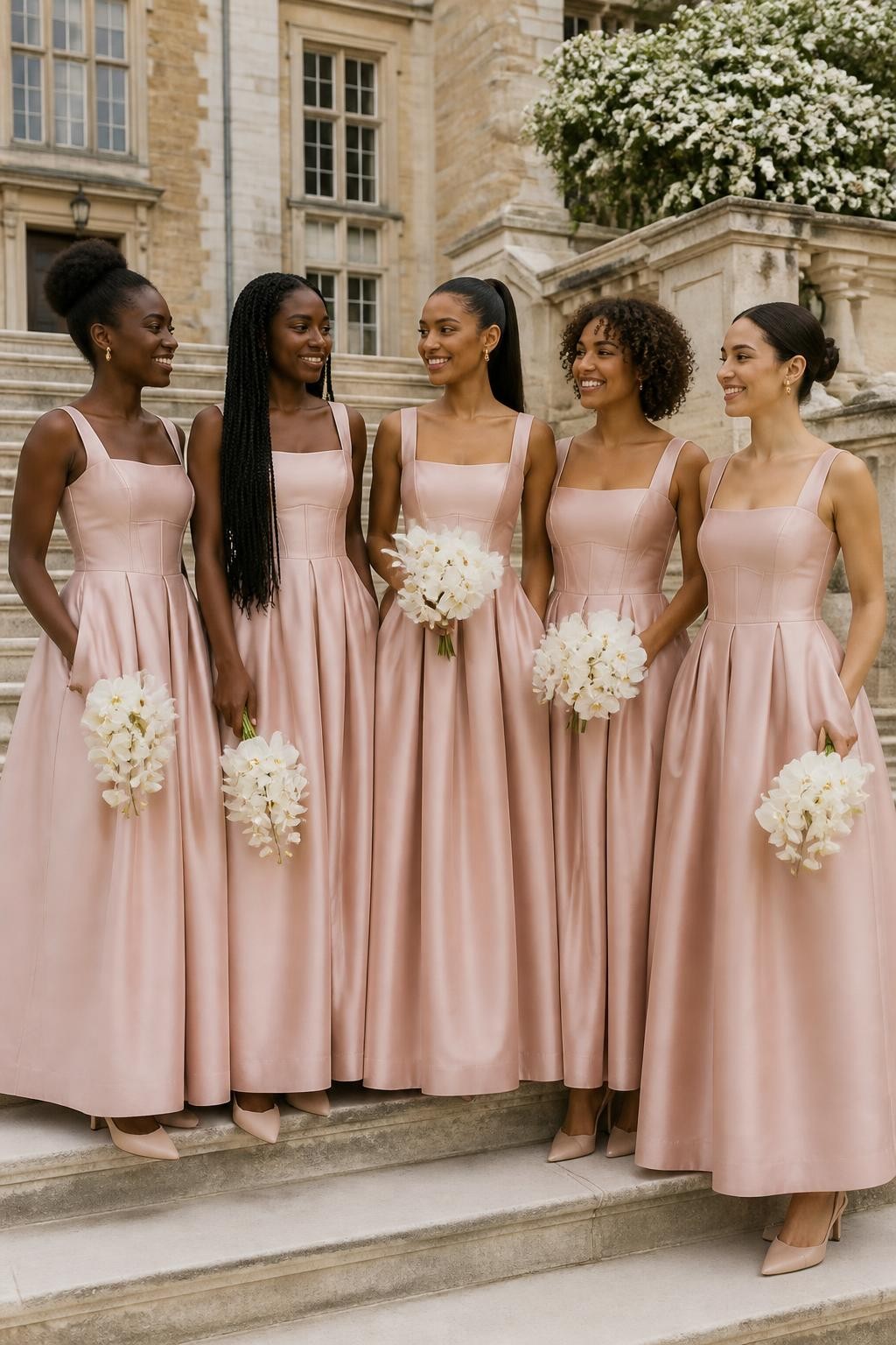 Realistic fashion-forward wedding portrait of five bridesmaids wearing rose-blush silk-faille gowns with softly corseted bodices, wide square necklines, curved basque waists, and full ankle-length ballerina skirts with discreet side pockets, women with very deep brown, cool dark brown, cinnamon, golden tan, and pale neutral skin tones, different torso lengths, bust sizes, heights, and body proportions represented naturally, bright joyful faces with unique features, realistic pores and small flyaway hairs, hairstyles including a sculpted natural updo, waist-length braids, glossy ponytail, short curly bob, and smooth chignon, photographed on broad pale-stone steps outside a historic manor, holding compact ivory orchid bouquets, clear morning light revealing precise corset seams, realistic fabric stiffness, deep natural skirt folds, and elegant slingback shoes visible beneath the hems.