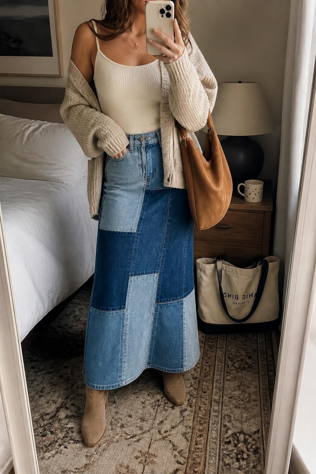 Mirror selfie of a woman wearing a blue patchwork denim maxi skirt, fitted cream camisole, oversized oatmeal chunky-knit cardigan, tan suede ankle boots, and a soft brown hobo bag, clearly showing the exact clothing items, colors, fabrics, and accessories listed, holding a phone in front of a cozy bedroom mirror setup, cropped at the neck so the face does not show, relaxed casual selfie pose, soft indoor lighting, a coffee mug on a bedside table and a tote bag resting on the floor, natural lived-in atmosphere, latest iPhone photo quality.
