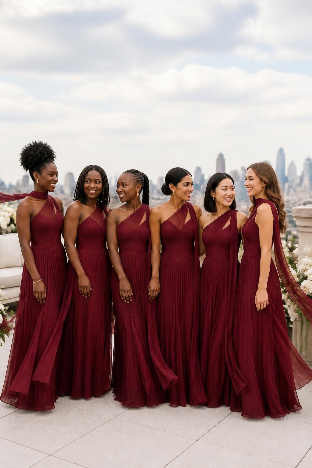 Realistic rooftop wedding photograph of six bridesmaids wearing fine pleated maroon chiffon gowns with softly gathered asymmetric necklines, long narrow scarf tails flowing from one shoulder or the back of the neck, fitted waistbands, and fluid floor-length skirts, women with deep neutral brown, warm copper, rich medium brown, golden olive, East Asian fair, and pale peach complexions, varied shoulder widths, ages, heights, and body types, bright expressive faces with natural makeup and realistic under-eye texture, hairstyles including a high curly puff, shoulder-length locs, braided ponytail, sleek low bun, glossy bob, and loose waves, standing on a modern rooftop terrace with pale stone, cream furniture, ivory flowers, and a softly blurred skyline, late-afternoon wind moving the scarf tails and pleated skirts naturally, believable chiffon transparency and rich red shadows.