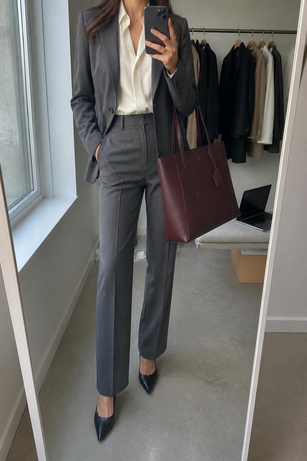 Mirror selfie of a woman wearing a tailored charcoal-grey single-breasted blazer, matching high-waisted straight-leg trousers, an ivory silk blouse, black pointed-toe leather pumps, and a structured oxblood tote bag, clearly showing the exact clothing items, colors, fabrics, and accessories listed, holding a phone in front of a minimal dressing room mirror, cropped at the neck so the face does not show, relaxed confident selfie pose, natural window light, a clothing rack with garments behind and a laptop on a bench, polished yet natural, latest iPhone photo quality.