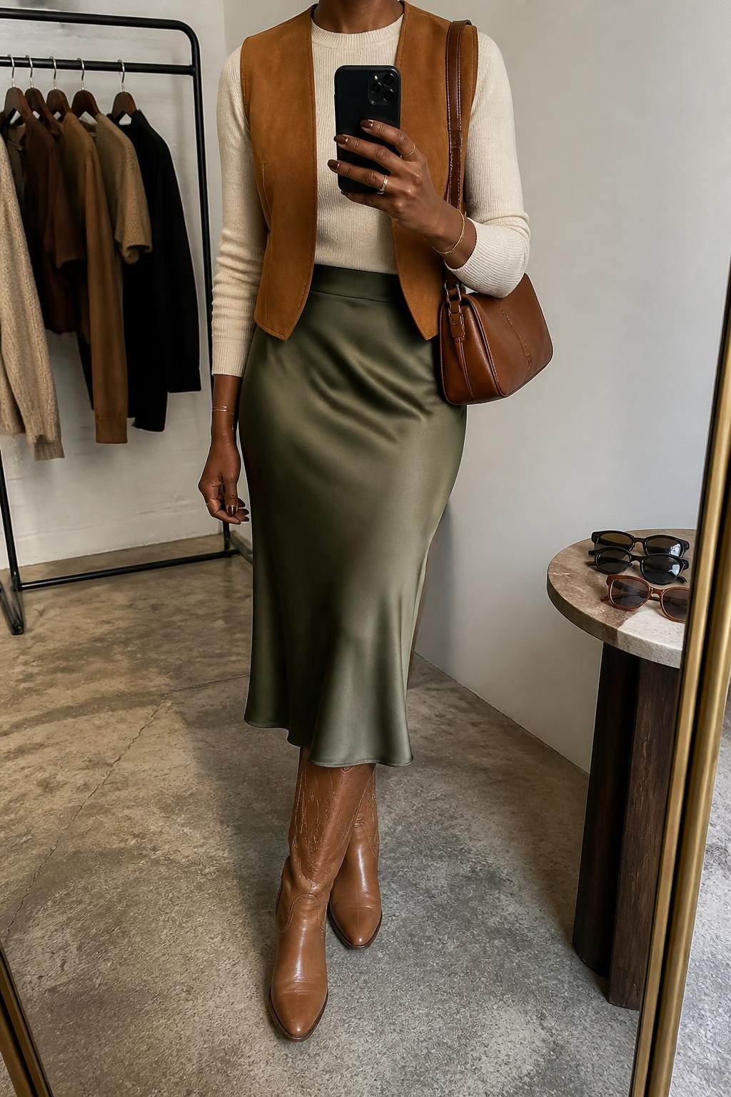 mirror selfie of a Black woman wearing a cream fitted fine-knit crewneck sweater tucked into an olive satin midi slip skirt, an open cognac cropped suede vest, tan leather cowboy boots, and a cognac leather shoulder bag, clearly showing the exact clothing items, colors, fabrics, boots, and bag listed in the Outfit Pieces section, holding a phone in front of a mirror, cropped at NECK so the face does not show, relaxed feminine selfie pose in a fashion studio mirror corner, warm moody lighting, with a clothing rack holding a few garments behind her and sunglasses placed on a side table, realistic fine knit, satin, suede, and leather textures, latest iPhone photo quality