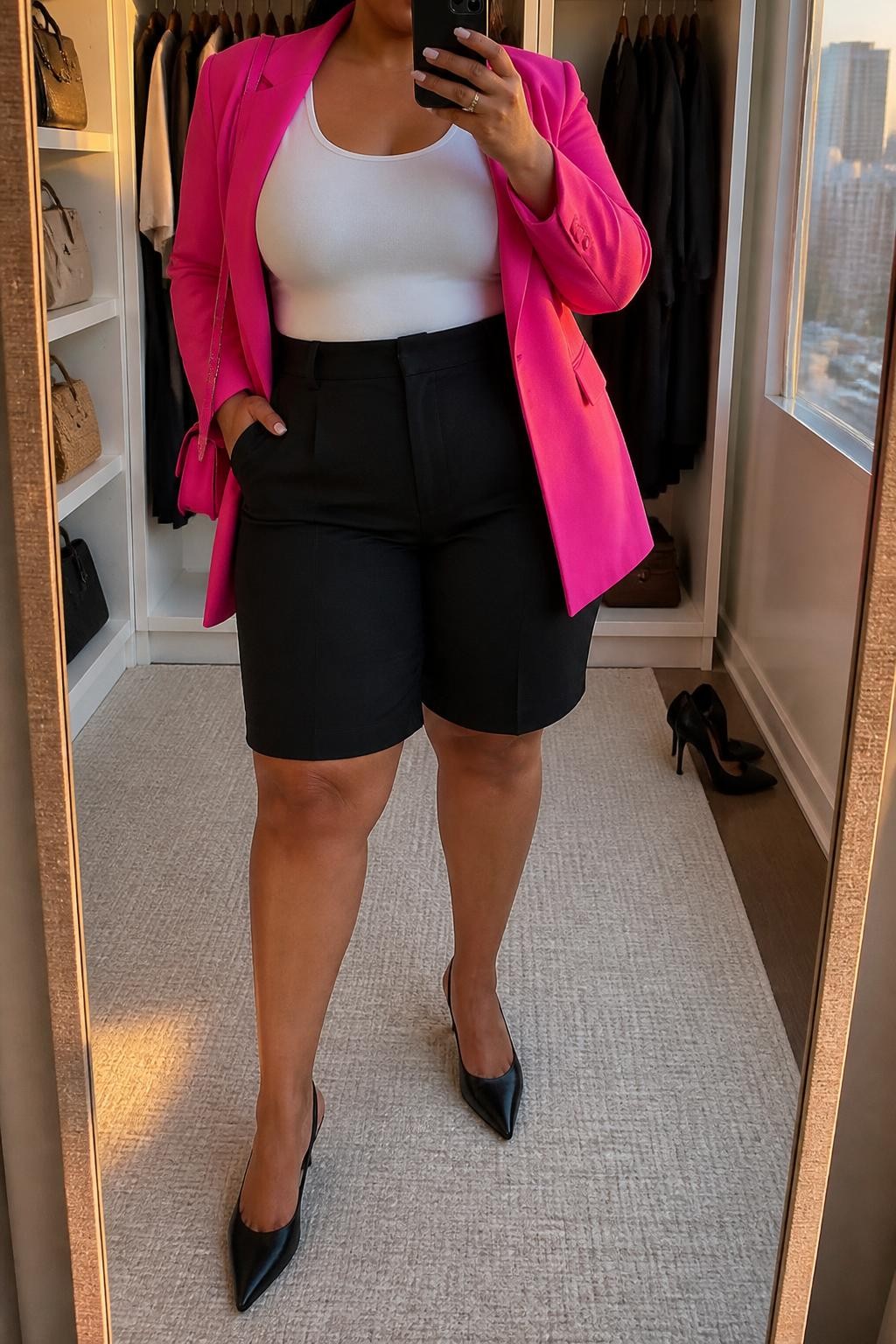 Mirror selfie of a plus size woman wearing black high-waisted tailored Bermuda shorts with a relaxed knee-skimming cut, a fitted white scoop-neck tank top, a hot pink longline blazer worn open, black pointed slingback heels, and a small hot pink shoulder bag, clearly showing the exact clothing items, white tank, pink blazer, footwear, and accessories listed, holding a phone in front of a mirror, cropped at the neck so her face does not appear, relaxed bold selfie stance, in a walk-in closet mirror with evening golden-hour lighting, an open closet with clothes visible and a pair of heels on the floor nearby, realistic city brunch outfit, latest iPhone photo quality.