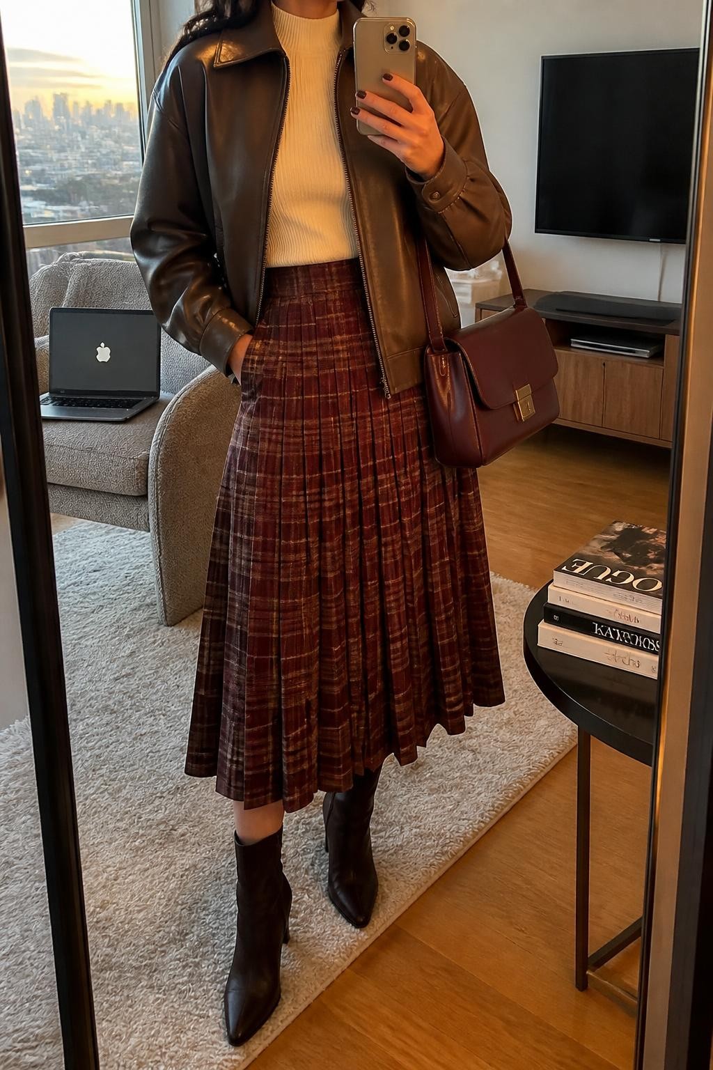 mirror selfie of a woman wearing an open chocolate brown faux-leather jacket over an ivory fitted mock-neck knit top tucked into a burgundy and brown plaid pleated midi skirt, dark brown leather ankle boots, and a burgundy structured shoulder bag, clearly showing the exact clothing items, colors, plaid pattern, fabrics, boots, and bag listed in the Outfit Pieces section, holding a phone in front of a mirror, cropped at NECK so the face does not show, relaxed confident selfie pose in a stylish city apartment, evening golden hour light, with a laptop resting on a chair and a stack of fashion magazines on a side table, realistic faux-leather, knit, pleated fabric, and leather textures, latest iPhone photo quality