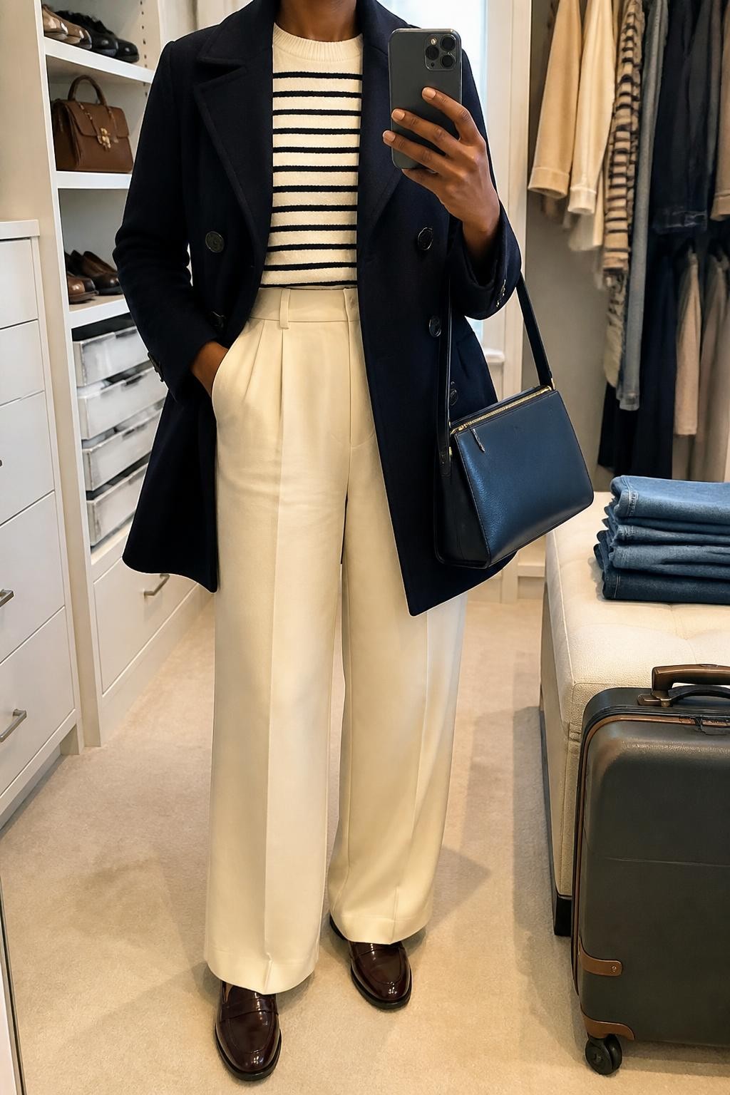 mirror selfie of a Black woman wearing an open navy double-breasted wool-blend peacoat over a cream and navy striped fine-knit sweater tucked into cream high-waisted wide-leg trousers, burgundy leather loafers, and a navy structured shoulder bag with a secure top zip, clearly showing the exact clothing items, colors, striped pattern, fabrics, shoes, and bag listed in the Outfit Pieces section, holding a phone in front of a mirror, cropped at NECK so the face does not show, relaxed polished selfie pose in a walk-in closet mirror, soft indoor lighting, with folded denim jeans on a bench and a small suitcase resting nearby, realistic wool, fine knit, trouser fabric, and leather textures, latest iPhone photo quality