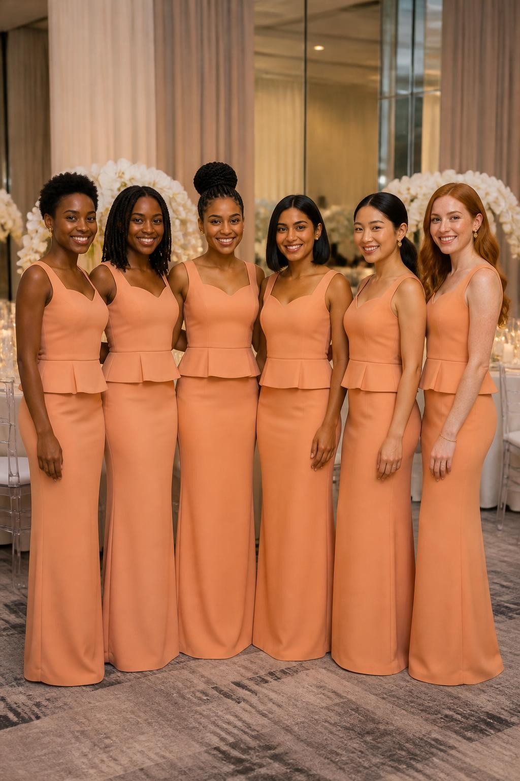 Realistic formal wedding portrait of six bridesmaids wearing coordinated peach two-piece formal sets, structured sleeveless peplum tops with softly curved necklines and clean seam work, paired with matching high-waisted floor-length column skirts, women with deep ebony, rich brown, reddish brown, South Asian olive, East Asian light beige, and fair freckled skin tones, naturally varied heights, waist shapes, and body proportions, bright poised faces with realistic skin texture and individually suited makeup, hairstyles including cropped coils, shoulder-length locs, braided bun, polished bob, sleek ponytail, and soft waves, standing inside a contemporary hotel ballroom with ivory curtains, mirrored walls, white orchids, and candlelit tables, warm controlled lighting revealing the matte fabric, realistic separation between tops and skirts, natural folds, and comfortable posture.