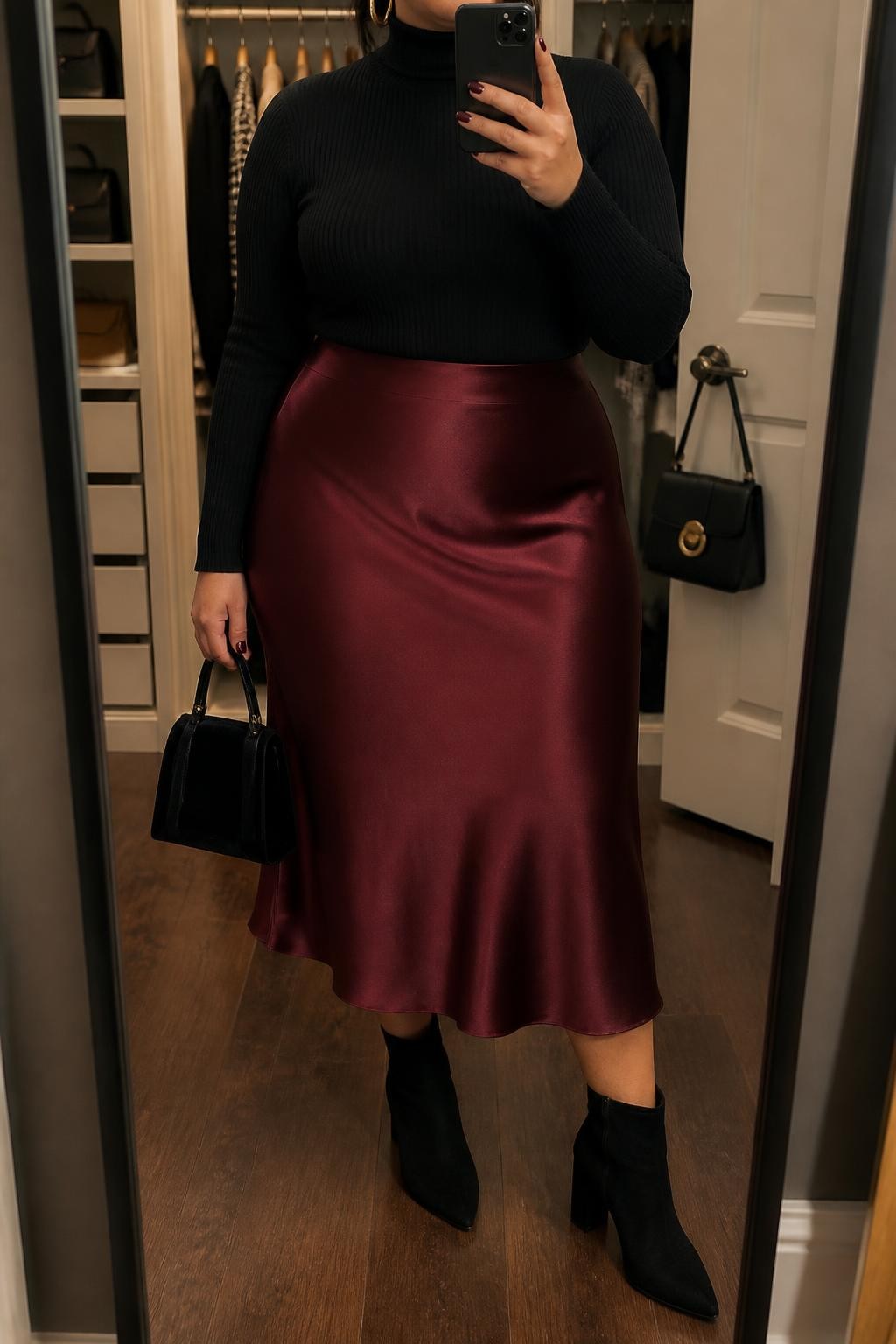 Mirror selfie of a plus size woman wearing a burgundy high-waisted satin midi skirt with a softly flared shape, a fitted black long-sleeve ribbed turtleneck, black suede pointed ankle boots with block heels, a small black velvet handbag, and chunky gold hoop earrings, clearly showing the exact clothing items, burgundy satin, black knit, footwear, and accessories listed, holding a phone in front of a mirror, cropped at the neck so her face does not appear, relaxed polished selfie stance, in a walk-in closet mirror with warm moody lighting, an open closet with clothes visible and a handbag hanging on a door handle, realistic evening outfit, latest iPhone photo quality.