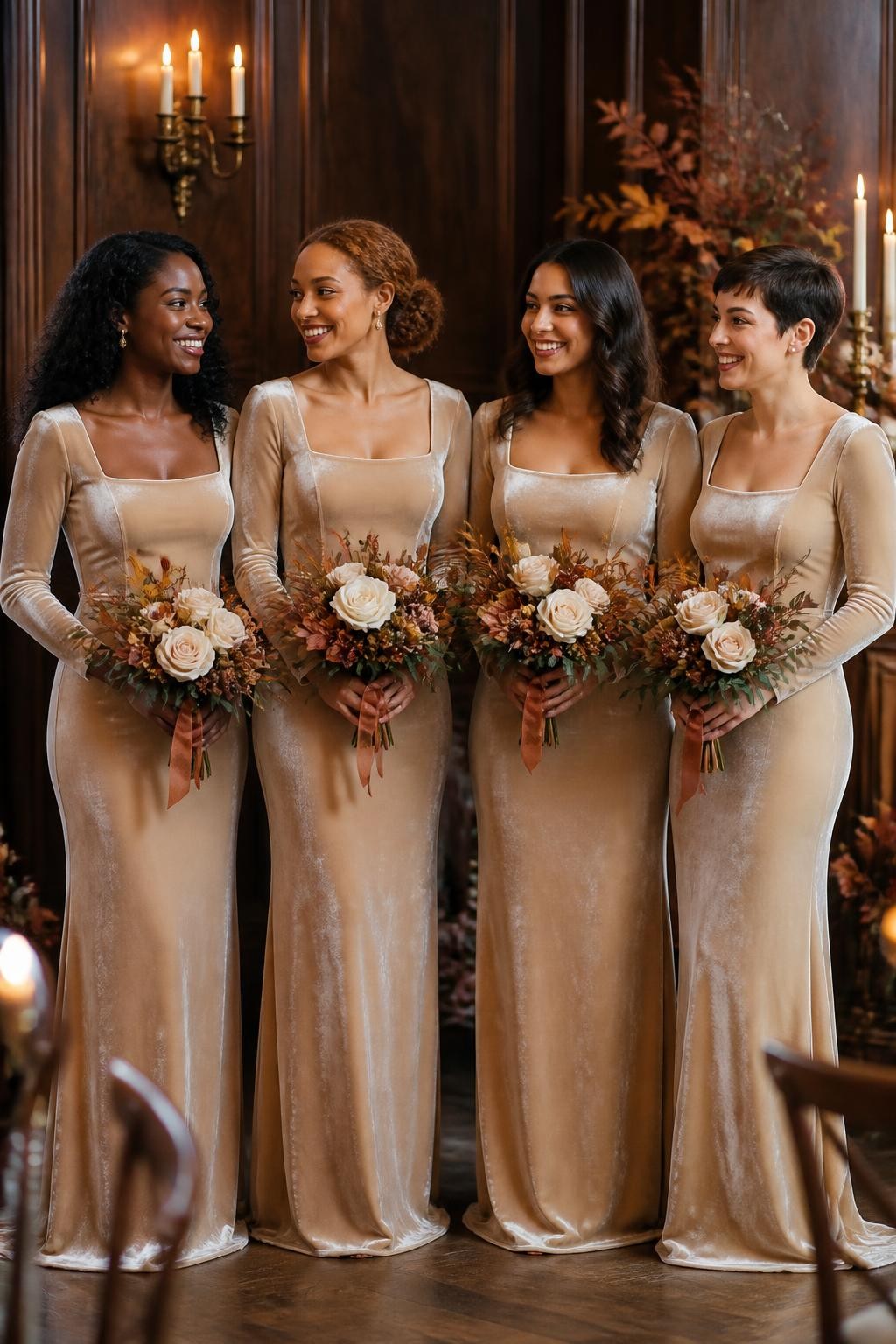 Realistic autumn wedding photograph of four bridesmaids wearing rich champagne velvet column gowns with wide square necklines, fitted waists, long sleeves, and subtle back vents, women with deep blue-brown, warm copper, medium olive, and pale neutral skin tones, bright elegant faces, realistic seasonal makeup, natural curls, a braided low bun, polished shoulder-length waves, and a short pixie cut, standing inside a historic reception hall with dark wood walls, antique brass sconces, taper candles, cream roses, and rust-colored foliage, soft side lighting revealing the velvet pile and natural color changes, believable creases at the elbows and waist, refined DSLR editorial photography.