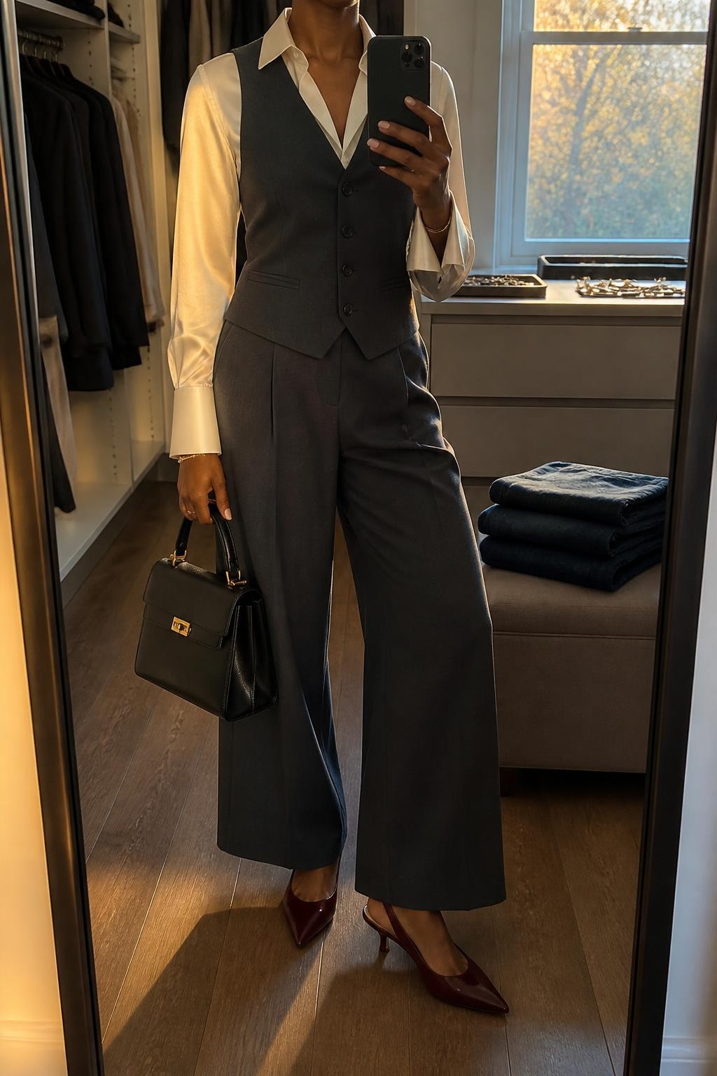 mirror selfie of a Black woman wearing a buttoned charcoal tailored V-neck waistcoat over an ivory satin long-sleeve blouse with the collar and cuffs visible, charcoal high-waisted wide-leg trousers, burgundy pointed-toe slingback heels, and a black top-handle handbag, clearly showing the exact clothing items, colors, fabrics, shoes, and bag listed in the Outfit Pieces section, holding a phone in front of a mirror, cropped at NECK so the face does not show, relaxed authoritative selfie pose in a walk-in closet mirror, evening golden hour light, with folded denim jeans on a bench and a jewelry tray on the vanity, realistic tailored fabric, satin, and leather-look textures, latest iPhone photo quality