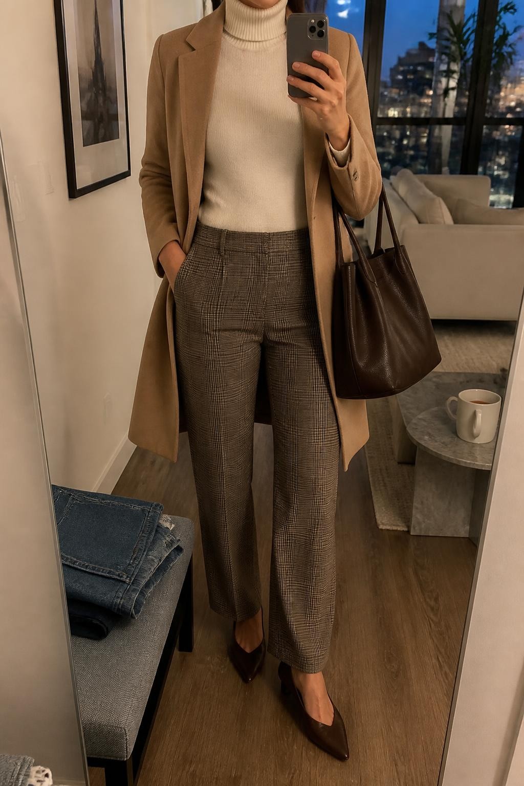 mirror selfie of a woman wearing a cream fine-knit fitted turtleneck tucked smoothly into brown check straight-leg trousers, an open camel knee-length wool-blend coat, dark brown pointed-toe flats, and a chocolate leather tote bag, clearly showing the exact clothing items, colors, patterns, fabrics, shoes, and bag listed in the Outfit Pieces section, holding a phone in front of a mirror, cropped at NECK so the face does not show, relaxed business casual selfie pose in a stylish city apartment, evening golden hour light, with folded denim jeans on a bench and a coffee mug on a side table, realistic knit, wool, trouser, and leather textures, latest iPhone photo quality