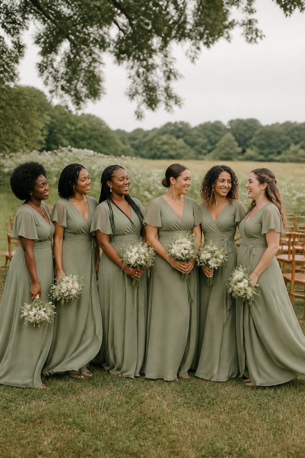 Realistic countryside wedding photograph of six bridesmaids wearing soft fern green chiffon wrap dresses with crossed V-necklines, adjustable ties, flutter sleeves, and flowing floor-length skirts, women with deep ebony, rich brown, medium brown, golden tan, olive, and fair skin tones, varied ages, bust sizes, heights, and body shapes represented naturally, bright friendly faces, realistic skin texture and light makeup, hairstyles including a rounded afro, shoulder-length locs, long braids, smooth low bun, layered curls, and loose waves, standing in an open meadow ceremony space with cream wildflowers, wooden chairs, mature trees, and a pale afternoon sky, light wind moving the sleeves and skirts, authentic chiffon transparency and candid group interaction, human DSLR photo-realistic style.