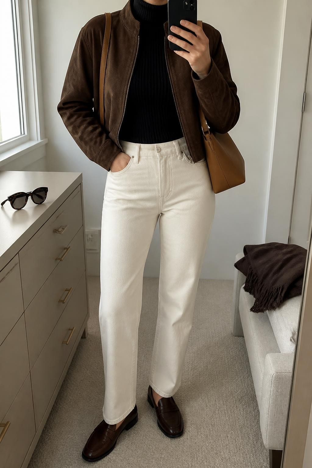 mirror selfie of a woman wearing an open chocolate brown cropped suede jacket over a black fitted fine-knit turtleneck, ecru high-rise straight-leg jeans, dark brown leather loafers, and a tan zip-top shoulder bag, clearly showing the exact clothing items, colors, fabrics, shoes, and bag listed in the Outfit Pieces section, holding a phone in front of a mirror, cropped at NECK so the face does not show, relaxed polished selfie pose in a minimal dressing room, natural window light, with sunglasses placed on a dresser and a folded scarf on a bench, realistic suede, fine knit, denim, and leather textures, latest iPhone photo quality