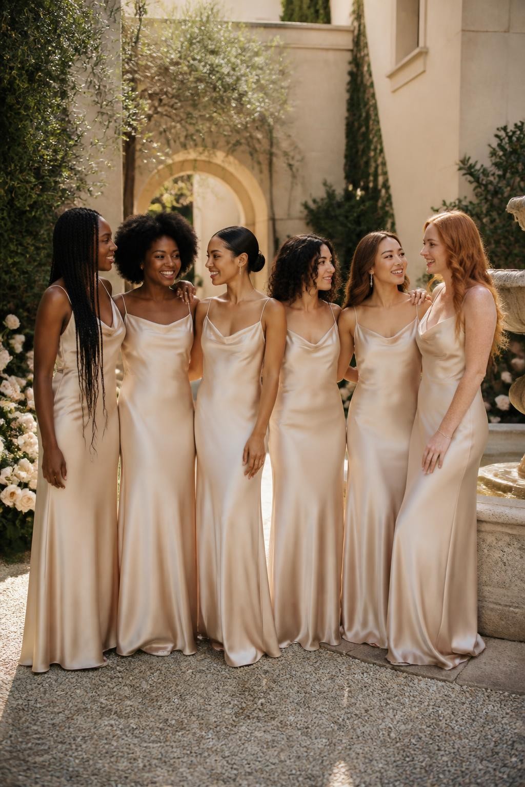 Realistic full-frame DSLR wedding photograph of six bridesmaids wearing floor-length champagne satin gowns with softly draped cowl necklines, bias-cut skirts, and thin adjustable straps, women with deep ebony, rich brown, golden brown, olive, light beige, and fair freckled skin, varied heights, ages, and body shapes, bright beautiful faces with distinct features, realistic pores, natural smiles, soft glam makeup suited to each complexion, hairstyles including waist-length braids, a rounded natural afro, sleek low bun, shoulder-length curls, and loose waves, standing in a sunlit Italian-style courtyard with cream stone walls, pale roses, olive trees, and a small fountain, warm late-afternoon light creating believable highlights and natural folds across the satin, relaxed conversational poses, editorial wedding photography without plastic-looking skin.