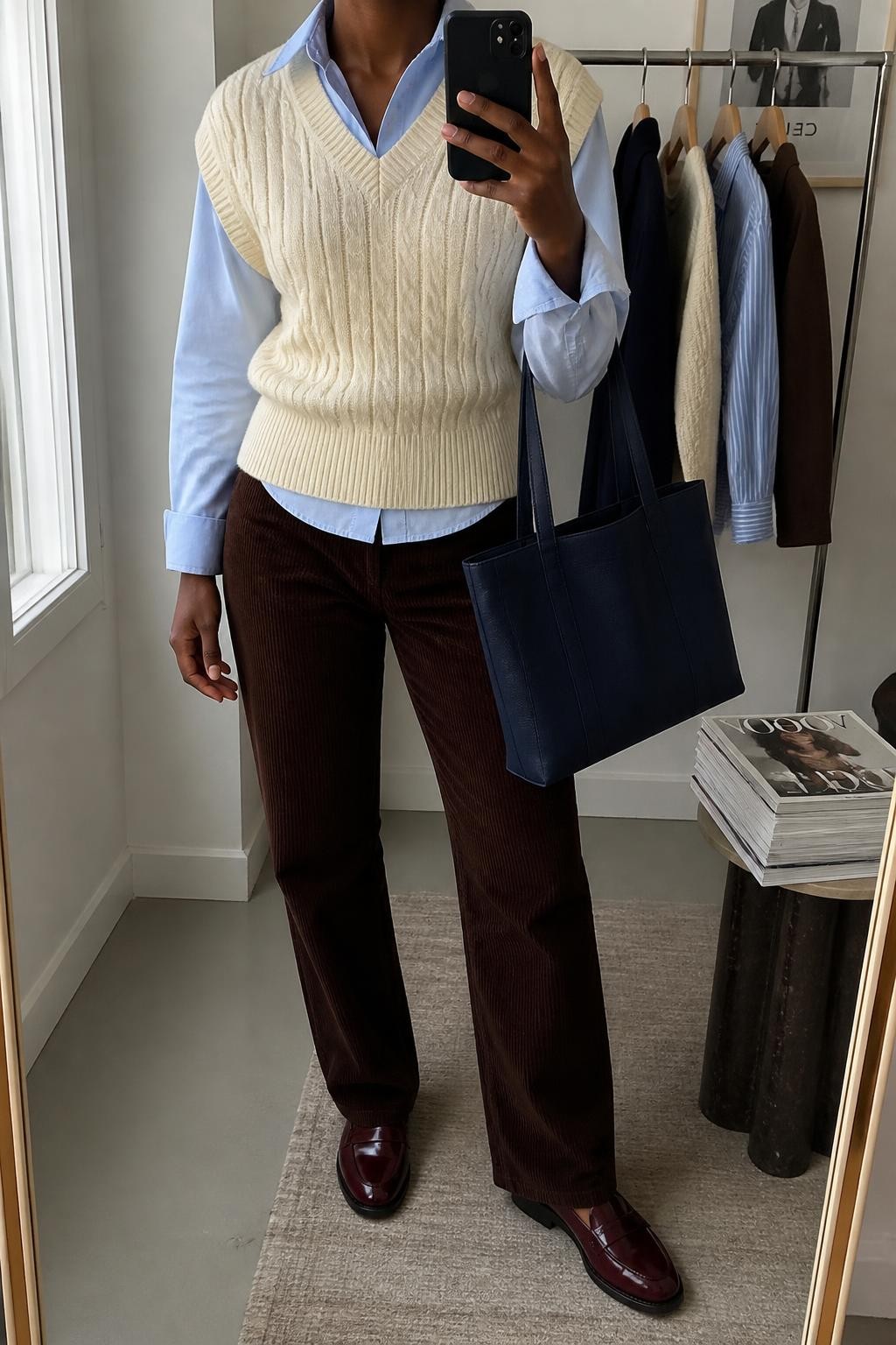 mirror selfie of a Black woman wearing a cream cable-knit V-neck sweater vest over a pale blue cotton button-down shirt with the collar and cuffs visible, chocolate straight-leg corduroy trousers, burgundy leather loafers, and a navy structured tote bag, clearly showing the exact clothing items, colors, fabrics, shoes, and bag listed in the Outfit Pieces section, holding a phone in front of a mirror, cropped at NECK so the face does not show, relaxed preppy selfie pose in a minimal dressing room, natural window light, with a clothing rack holding a few garments behind her and a stack of fashion magazines on a side table, realistic cable knit, cotton, corduroy, and leather textures, latest iPhone photo quality