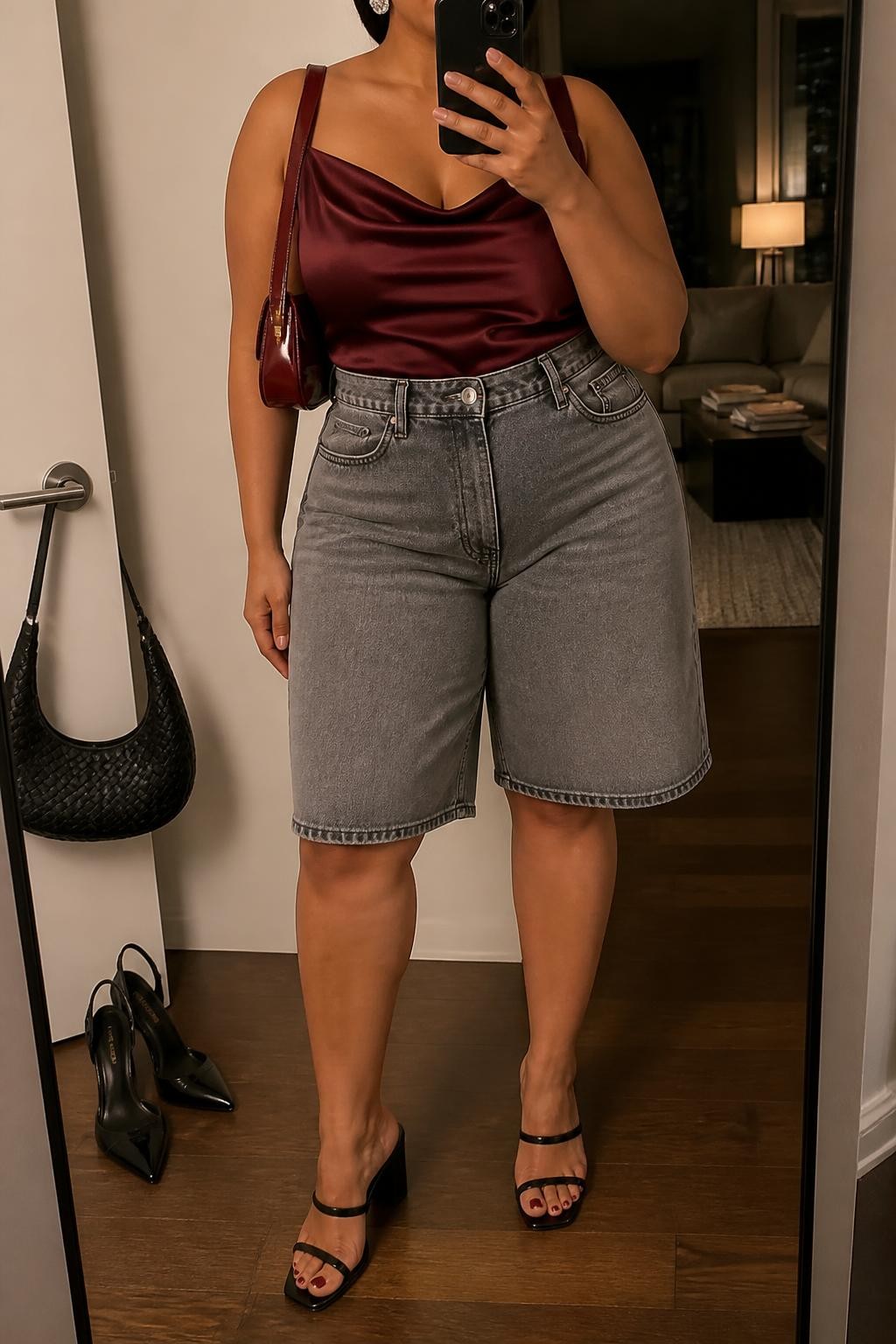 Mirror selfie of a plus size woman wearing washed grey high-waisted denim jorts with a relaxed knee-length cut, a burgundy satin camisole with a softly draped neckline and wide supportive straps, black pointed block-heel sandals, a burgundy patent shoulder bag, and silver crystal stud earrings, clearly showing the exact clothing items, grey denim, burgundy satin, colors, footwear, and accessories listed, holding a phone in front of a mirror, cropped at the neck so the face does not show, relaxed elegant selfie pose, in a stylish city apartment with warm moody lighting, a handbag hanging on a door handle and a pair of heels on the floor nearby, realistic summer dinner outfit, latest iPhone photo quality.