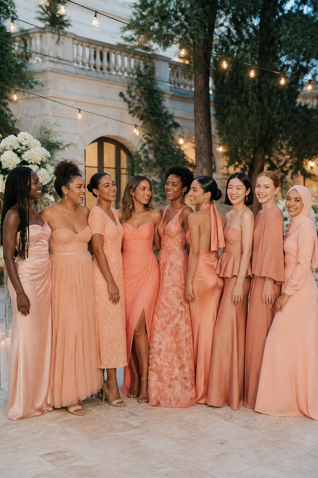 Realistic large bridal-party photograph of eight bridesmaids wearing intentionally coordinated dresses in pale peach, peach sorbet, apricot, coral peach, rose peach, muted nectarine, peach champagne, and soft terracotta-peach, fabrics including liquid satin, plissé chiffon, matte crepe, floral organza, tonal jacquard, silk faille, airy chiffon, and structured twill, silhouettes including a twisted satin column, basque-waist ballerina gown, polka-dot midi, tulip-skirt dress, sculpted-poppy organza gown, open-back halter, tailored peplum set, and cape-sleeve column, women with very deep, deep brown, reddish brown, golden, olive, tan, East Asian fair, and pale freckled skin tones, broad representation of ages, heights, and body shapes, bright beautiful faces and genuine laughter, hairstyles including natural coils, braids, locs, waves, sleek buns, short cuts, and a softly styled hijab, standing in a lush estate courtyard with cream stone, mature trees, ivory flowers, and warm string lights, every fabric reacting differently to the evening light, realistic spacing, natural hands, candid movement, and believable proportions.