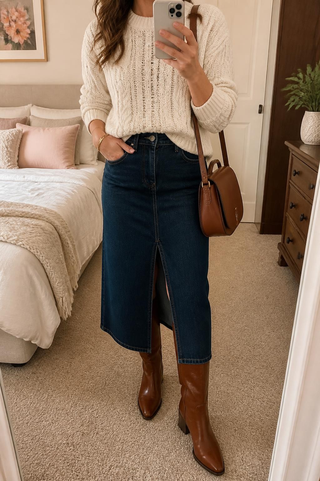mirror selfie of a woman wearing a cream textured fisherman knit sweater with a small front tuck into a dark-wash front-slit denim midi skirt, medium brown leather knee-high boots, a cognac leather saddle bag, and a slim gold cuff bracelet, clearly showing the exact clothing items, colors, fabrics, boots, bag, and bracelet listed in the Outfit Pieces section, holding a phone in front of a mirror, cropped at NECK so the face does not show, relaxed casual selfie pose in a feminine-themed bedroom, soft indoor lighting, with soft pillows on an unmade bed and a small plant on a dresser, realistic fisherman knit, denim, and leather textures, latest iPhone photo quality