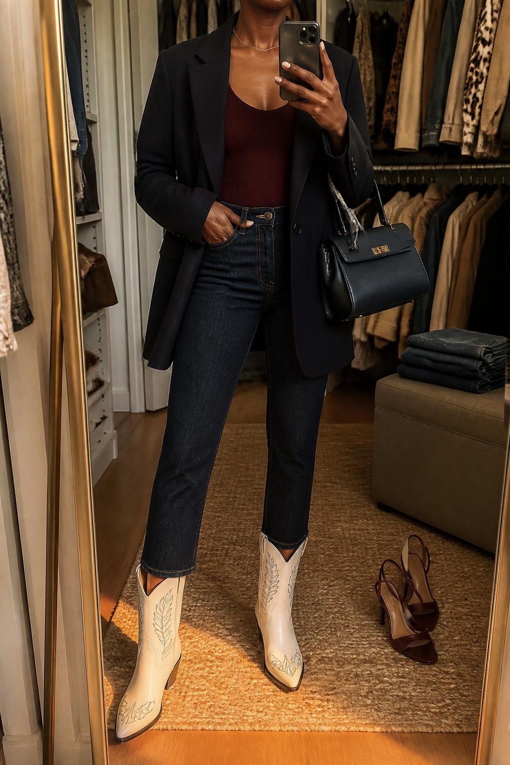 Image Prompt mirror selfie of a Black woman wearing an open navy relaxed-fit wool-blend blazer over a burgundy fitted scoop-neck knit top, dark indigo cropped straight-leg jeans stopping above white leather cowboy boots with navy stitching, and a navy structured top-handle bag, clearly showing the exact clothing items, colors, fabrics, boots, stitching, and bag listed in the Outfit Pieces section, holding a phone in front of a mirror, cropped at NECK so the face does not show, relaxed confident selfie pose in a walk-in closet mirror, evening golden hour light, with folded denim jeans on a bench and a pair of heels on the floor nearby, realistic wool, knit, denim, and leather textures, latest iPhone photo quality